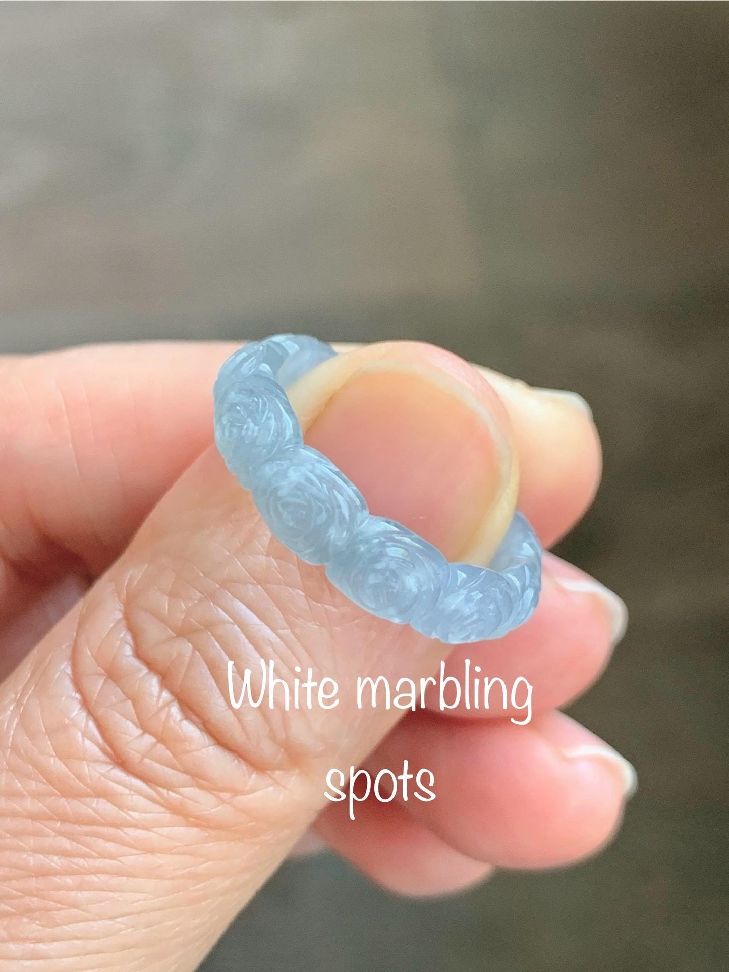 Grade A Natural Guatemalan Icy Highly Translucent Pastel Dusty Blue Jade Jadeite Carved Rose Band Ring Size 7.75 US 天然冰危浅蓝翡翠玫瑰花戒圈 WQM280B