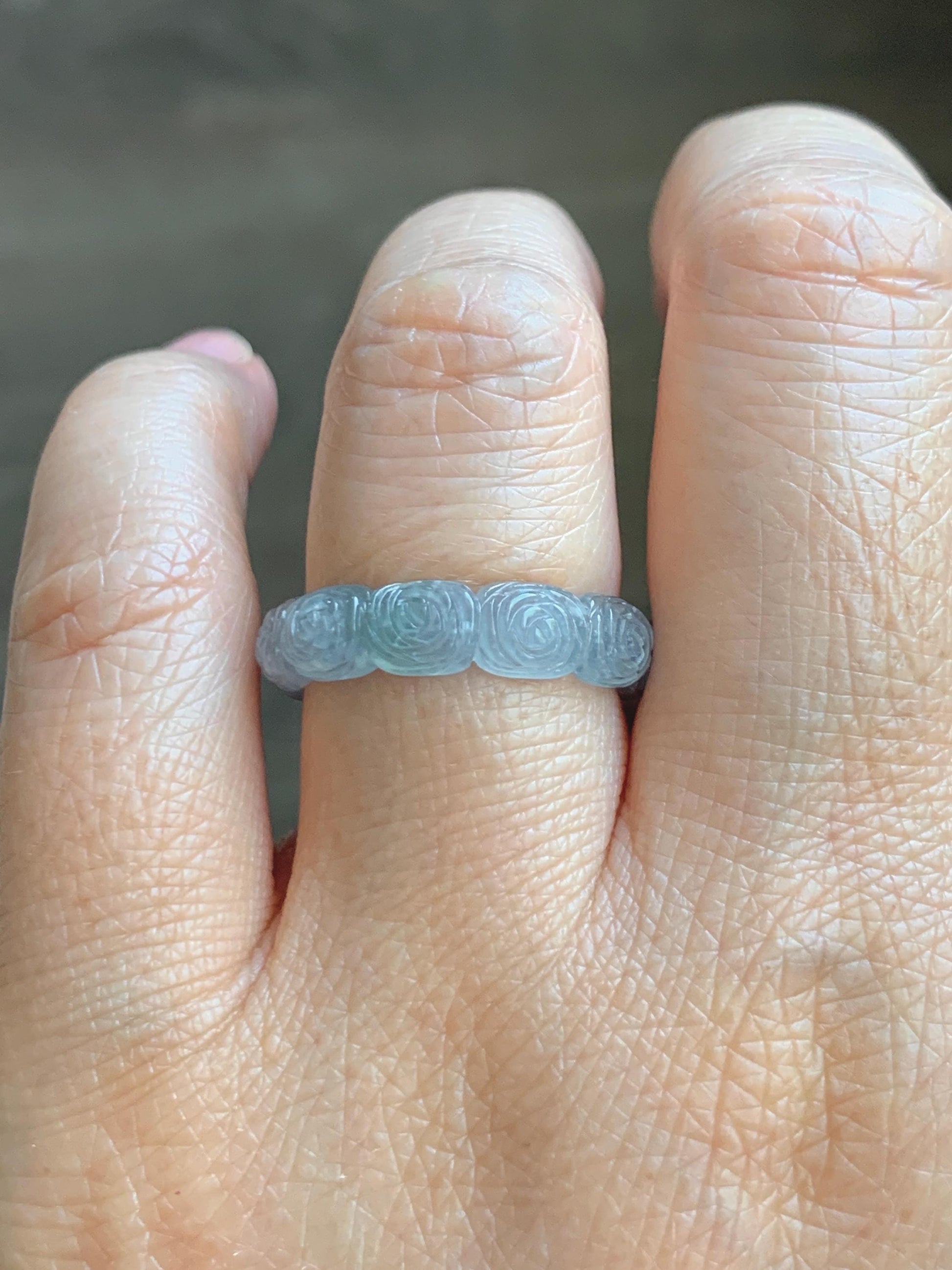 Grade A Natural Guatemalan Icy Highly Translucent Pastel Dusty Blue Jade Jadeite Carved Rose Band Ring Size 7.75 US 天然冰危浅蓝翡翠玫瑰花戒圈 WQM280B