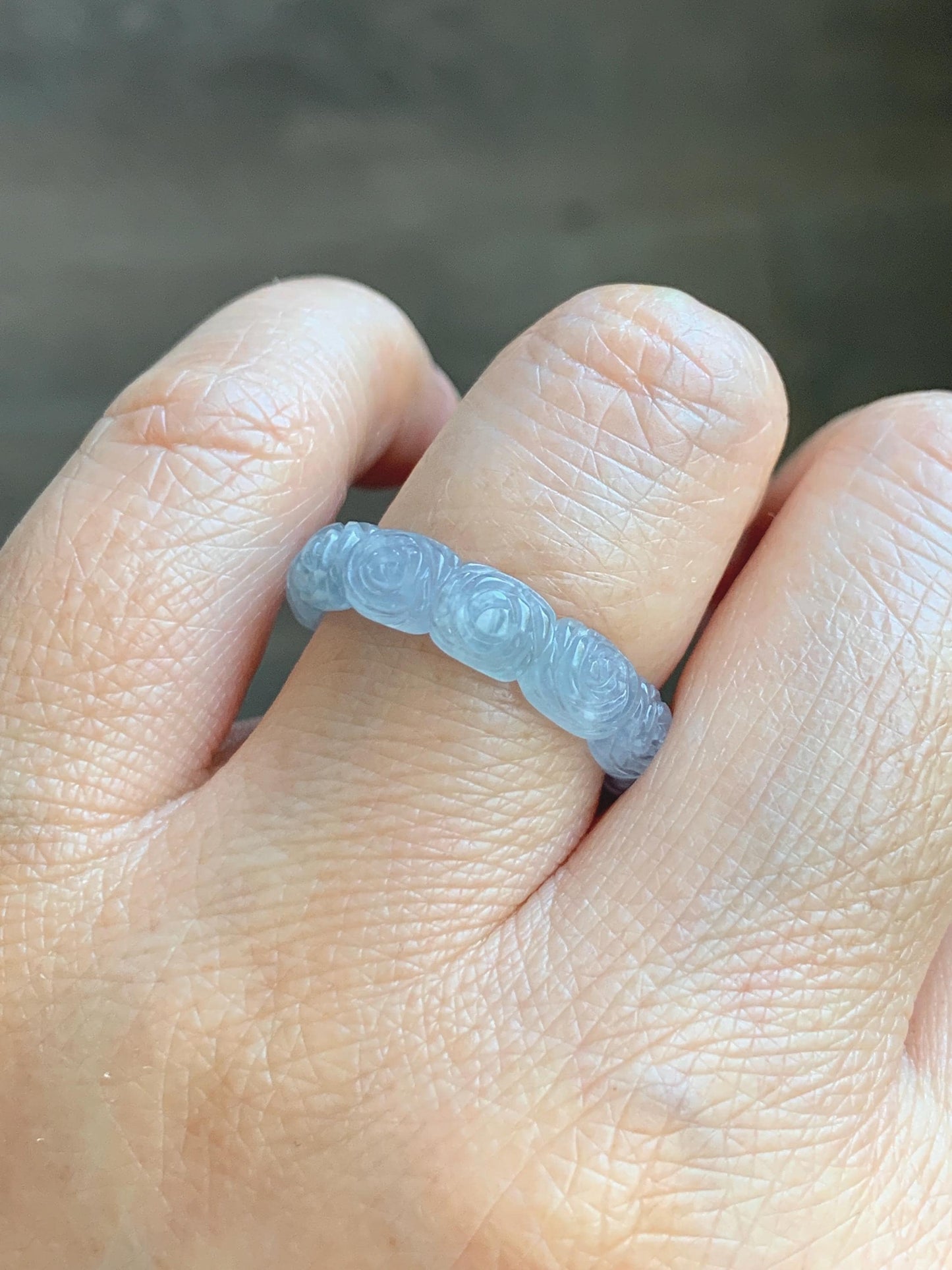 Grade A Natural Guatemalan Icy Highly Translucent Pastel Dusty Blue Jade Jadeite Carved Rose Band Ring Size 7.75 US 天然冰危浅蓝翡翠玫瑰花戒圈 WQM280B