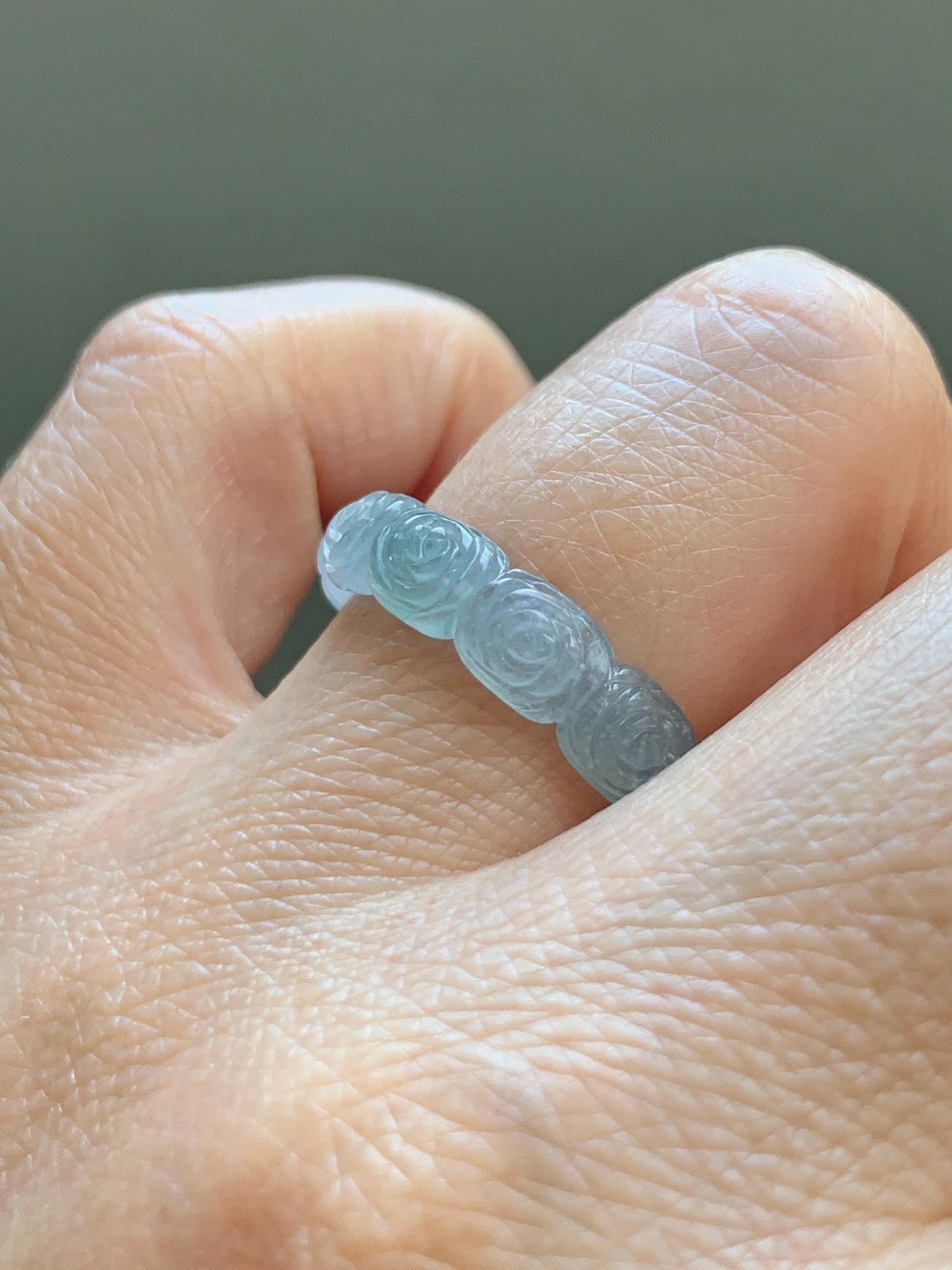 Grade A Natural Guatemalan Icy Highly Translucent Pastel Dusty Blue Jade Jadeite Carved Rose Band Ring Size 7.75 US 天然冰危浅蓝翡翠玫瑰花戒圈 WQM280B
