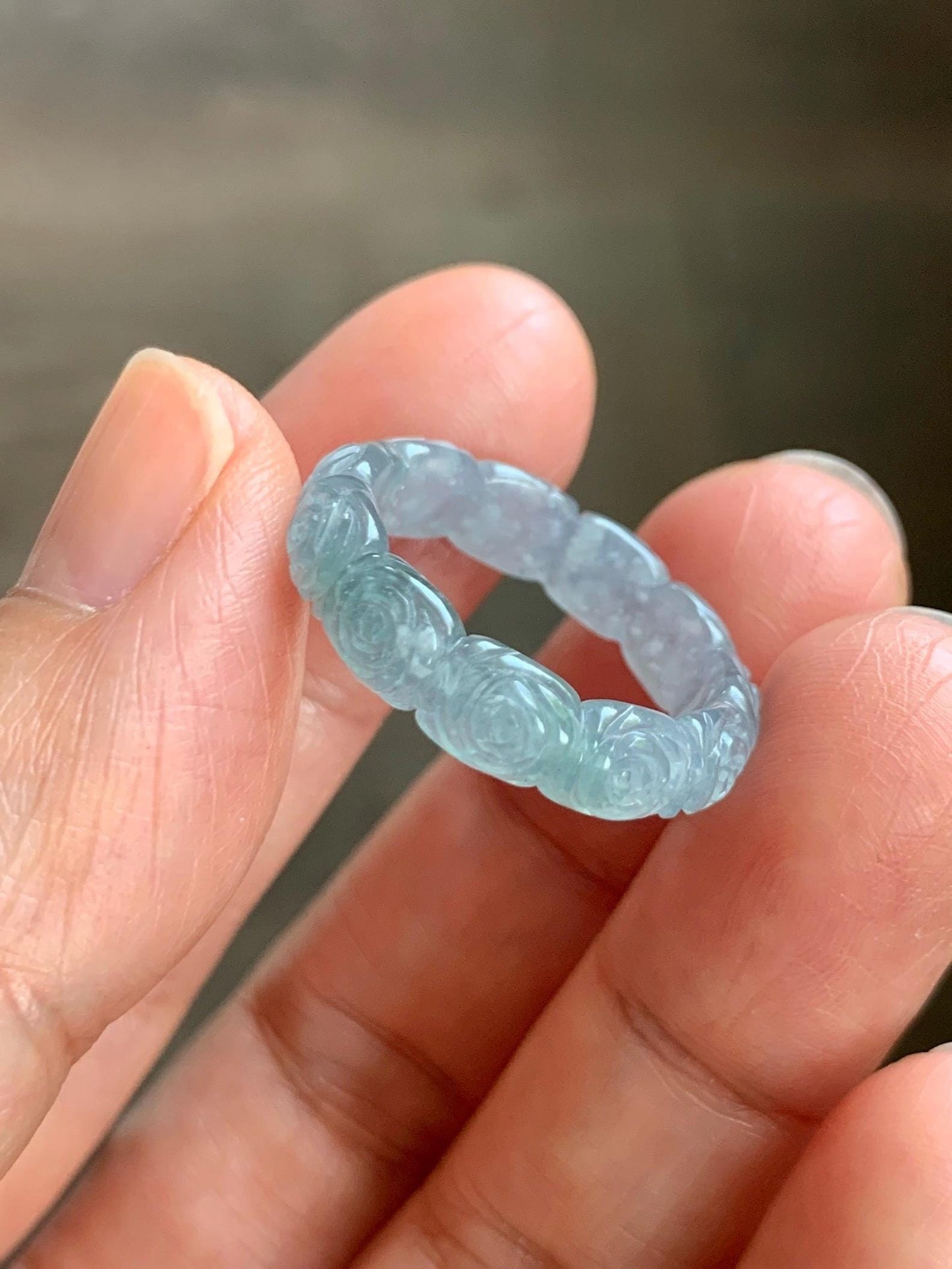 Grade A Natural Guatemalan Icy Highly Translucent Pastel Dusty Blue Jade Jadeite Carved Rose Band Ring Size 7.25 US 天然冰危浅蓝翡翠玫瑰花戒圈 WQM280C