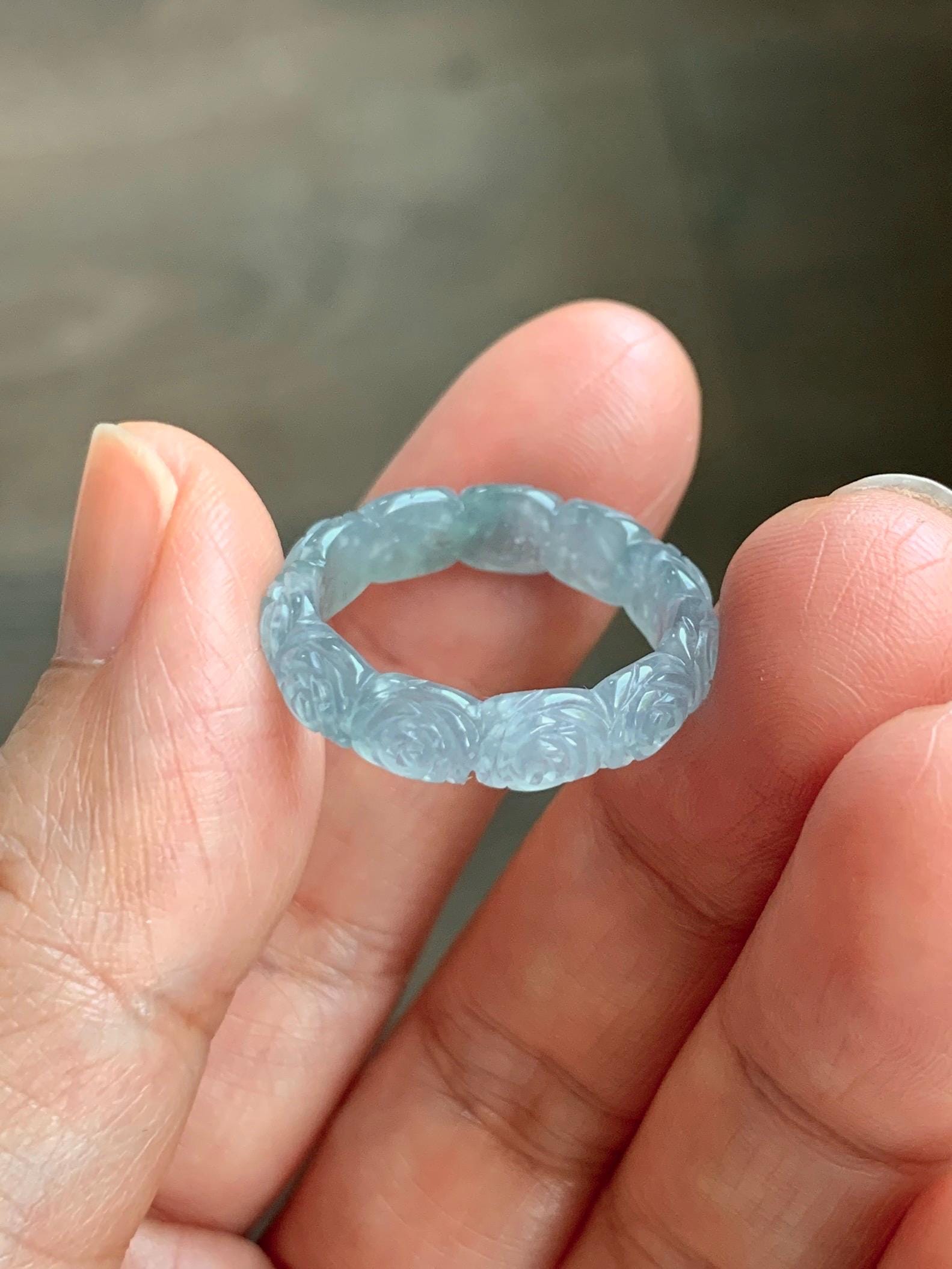 Grade A Natural Guatemalan Icy Highly Translucent Pastel Dusty Blue Jade Jadeite Carved Rose Band Ring Size 7.25 US 天然冰危浅蓝翡翠玫瑰花戒圈 WQM280C