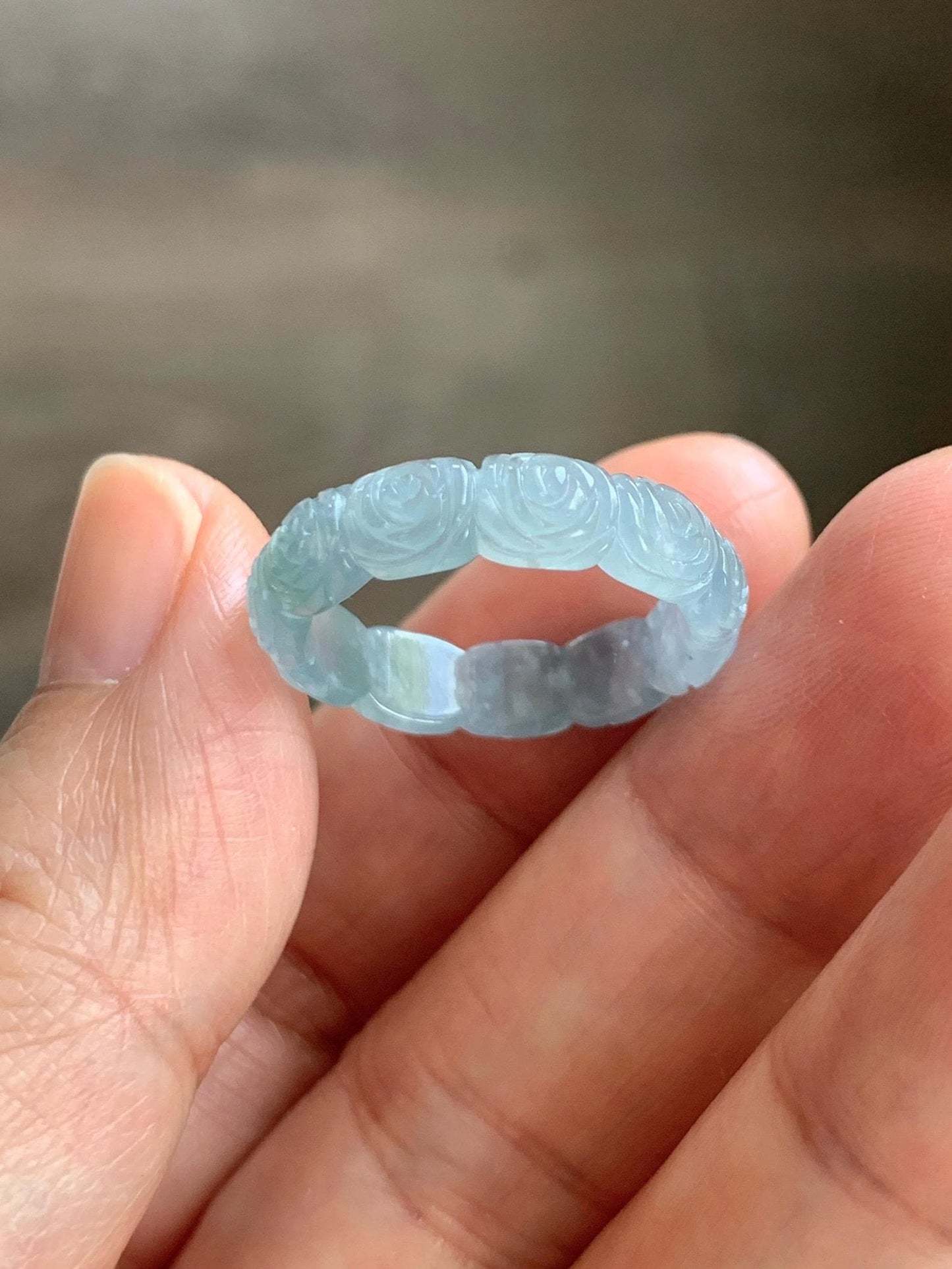 Grade A Natural Guatemalan Icy Highly Translucent Pastel Dusty Blue Jade Jadeite Carved Rose Band Ring Size 7.25 US 天然冰危浅蓝翡翠玫瑰花戒圈 WQM280C