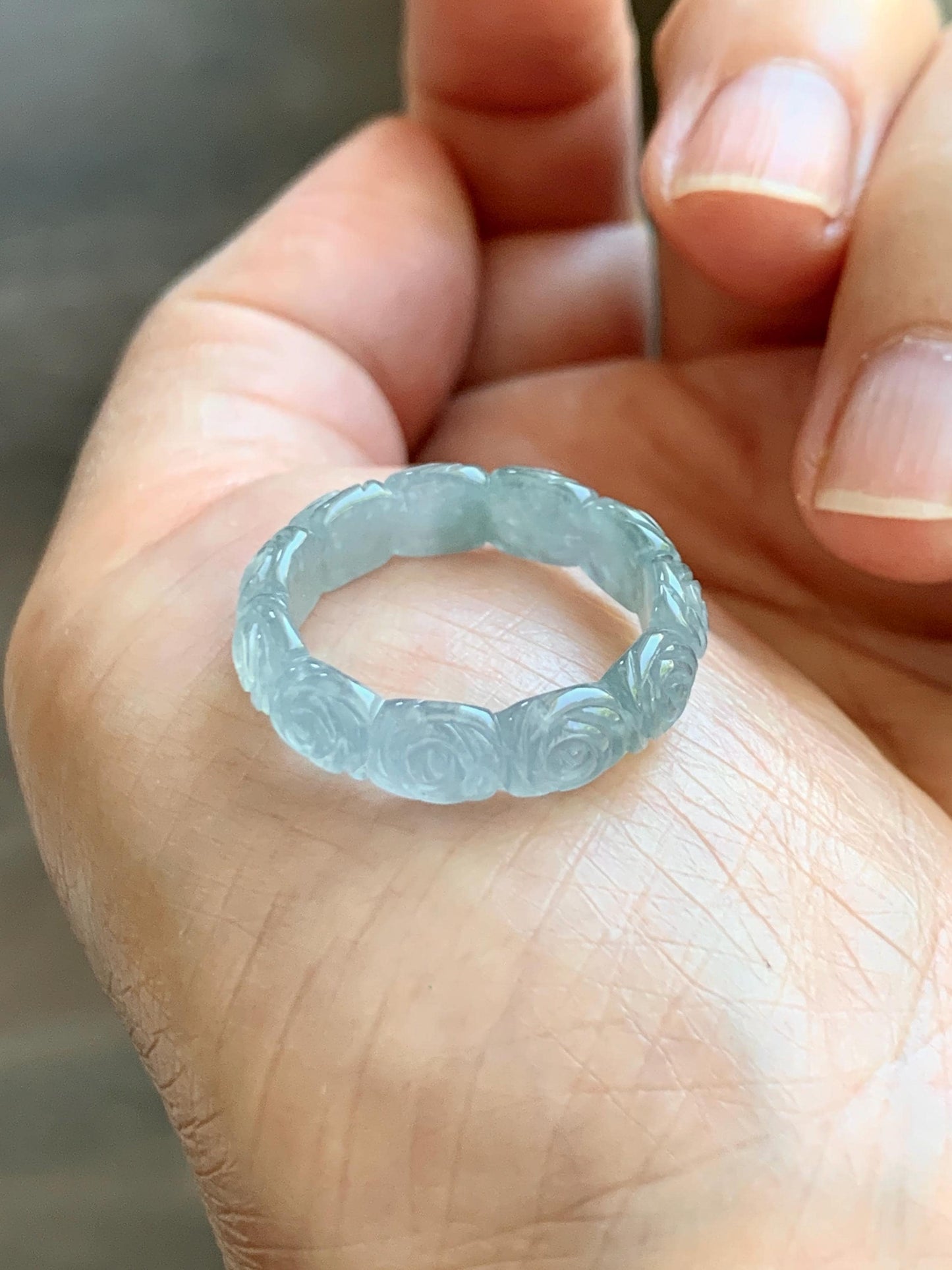 Grade A Natural Guatemalan Icy Highly Translucent Pastel Dusty Blue Jade Jadeite Carved Rose Band Ring Size 7.25 US 天然冰危浅蓝翡翠玫瑰花戒圈 WQM280C