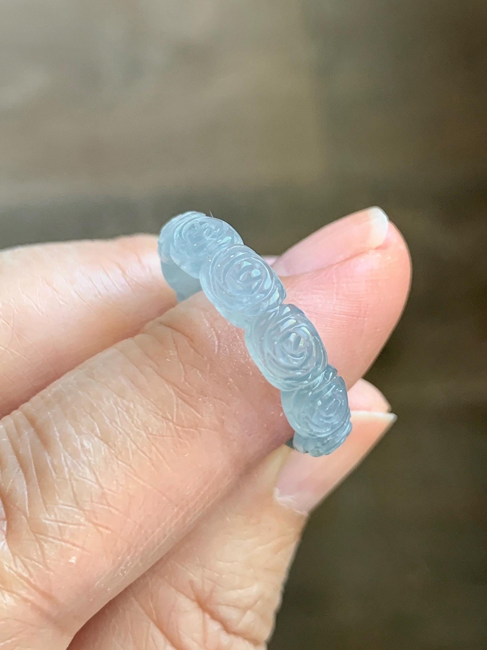 Grade A Natural Guatemalan Icy Highly Translucent Pastel Dusty Blue Jade Jadeite Carved Rose Band Ring Size 7.25 US 天然冰危浅蓝翡翠玫瑰花戒圈 WQM280C