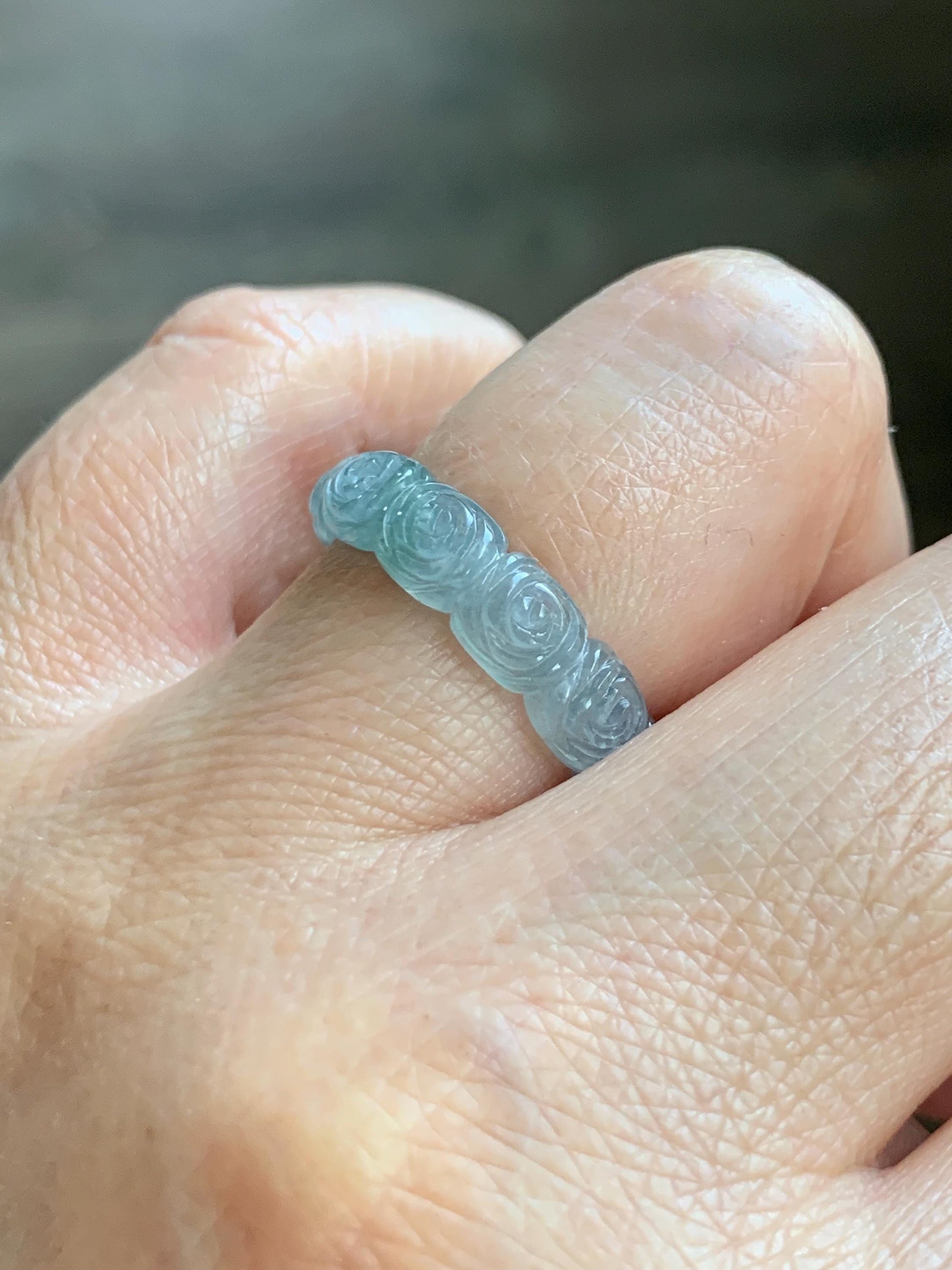 Grade A Natural Guatemalan Icy Highly Translucent Pastel Dusty Blue Jade Jadeite Carved Rose Band Ring Size 7.25 US 天然冰危浅蓝翡翠玫瑰花戒圈 WQM280C