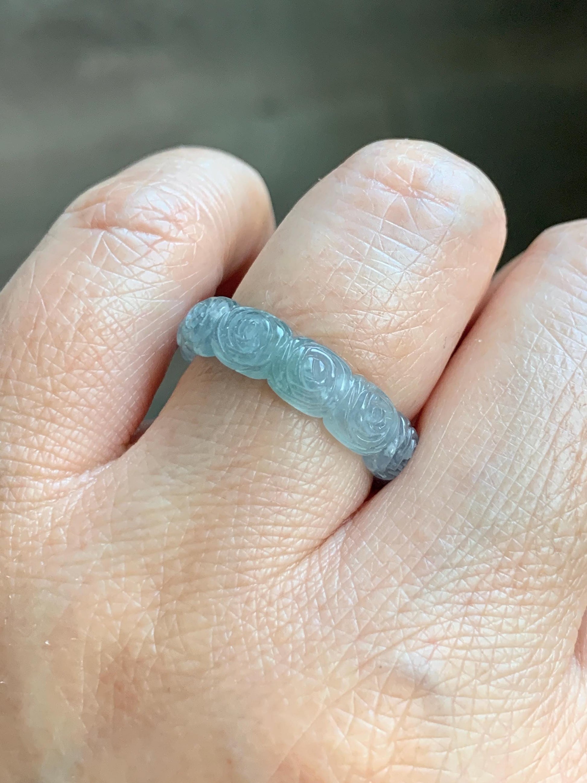 Grade A Natural Guatemalan Icy Highly Translucent Pastel Dusty Blue Jade Jadeite Carved Rose Band Ring Size 7.25 US 天然冰危浅蓝翡翠玫瑰花戒圈 WQM280C