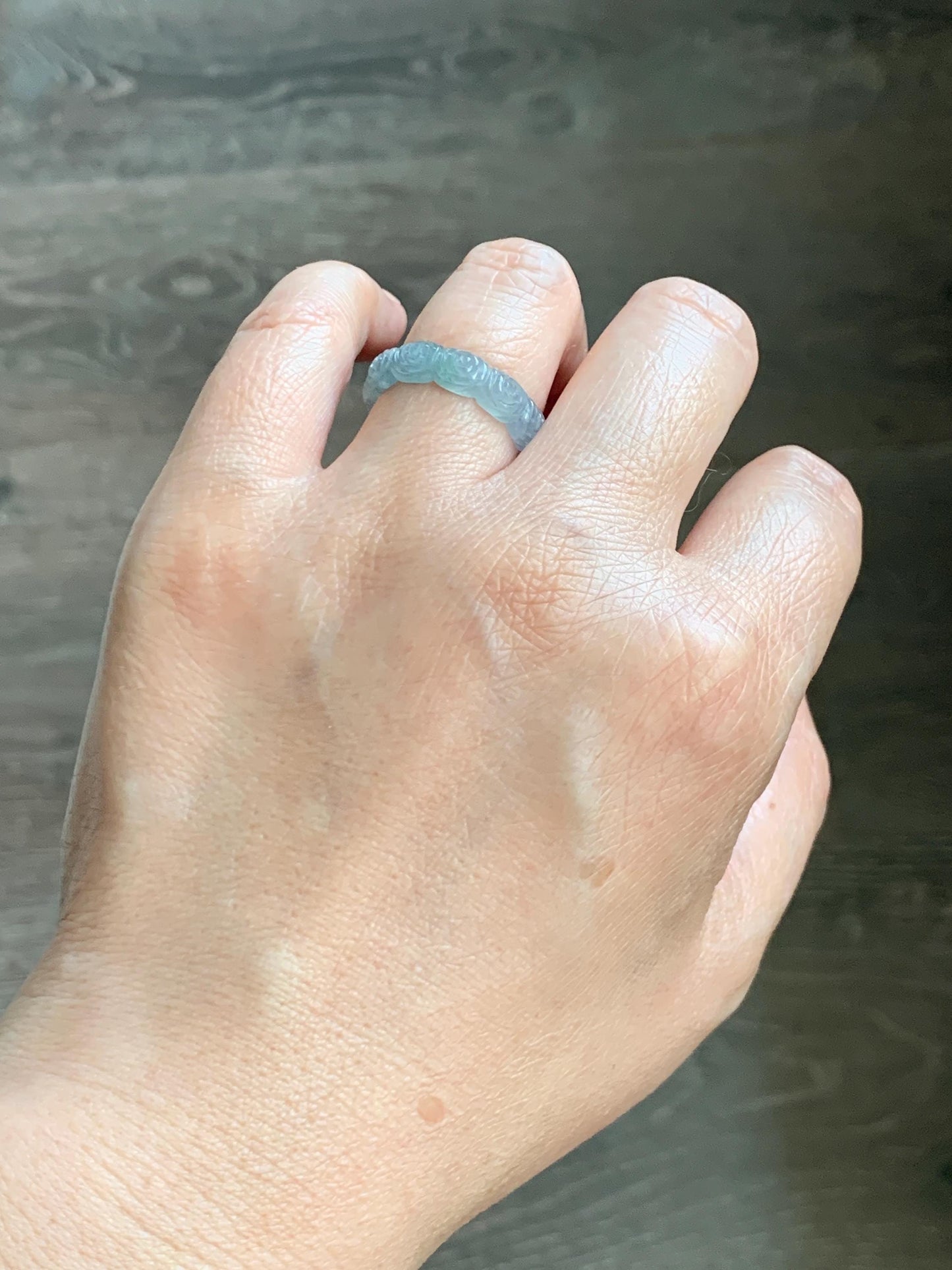 Grade A Natural Guatemalan Icy Highly Translucent Pastel Dusty Blue Jade Jadeite Carved Rose Band Ring Size 7.25 US 天然冰危浅蓝翡翠玫瑰花戒圈 WQM280C