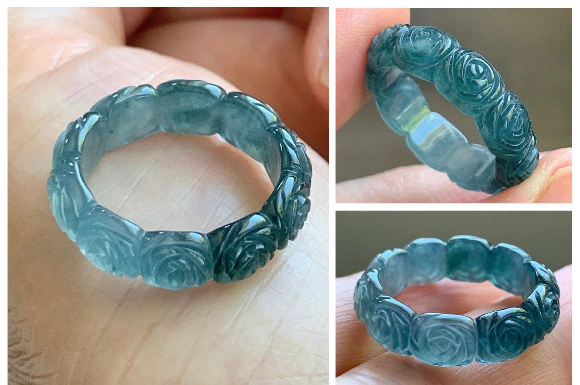 Grade A Natural Guatemalan Icy Highly Translucent Dark Teal Blue Jade Jadeite Carved Rose Band Ring Size 6.5 US 天然冰危深蓝翡翠玫瑰花戒圈 WSM280D