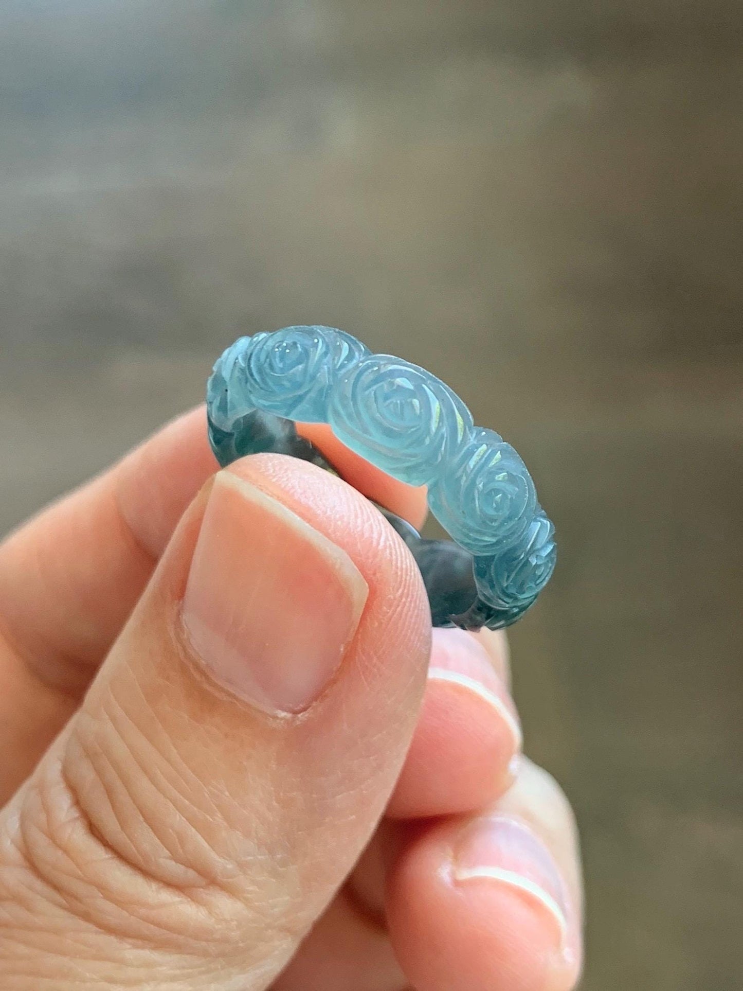 Grade A Natural Guatemalan Icy Highly Translucent Dark Teal Blue Jade Jadeite Carved Rose Band Ring Size 6.5 US 天然冰危深蓝翡翠玫瑰花戒圈 WSM280D