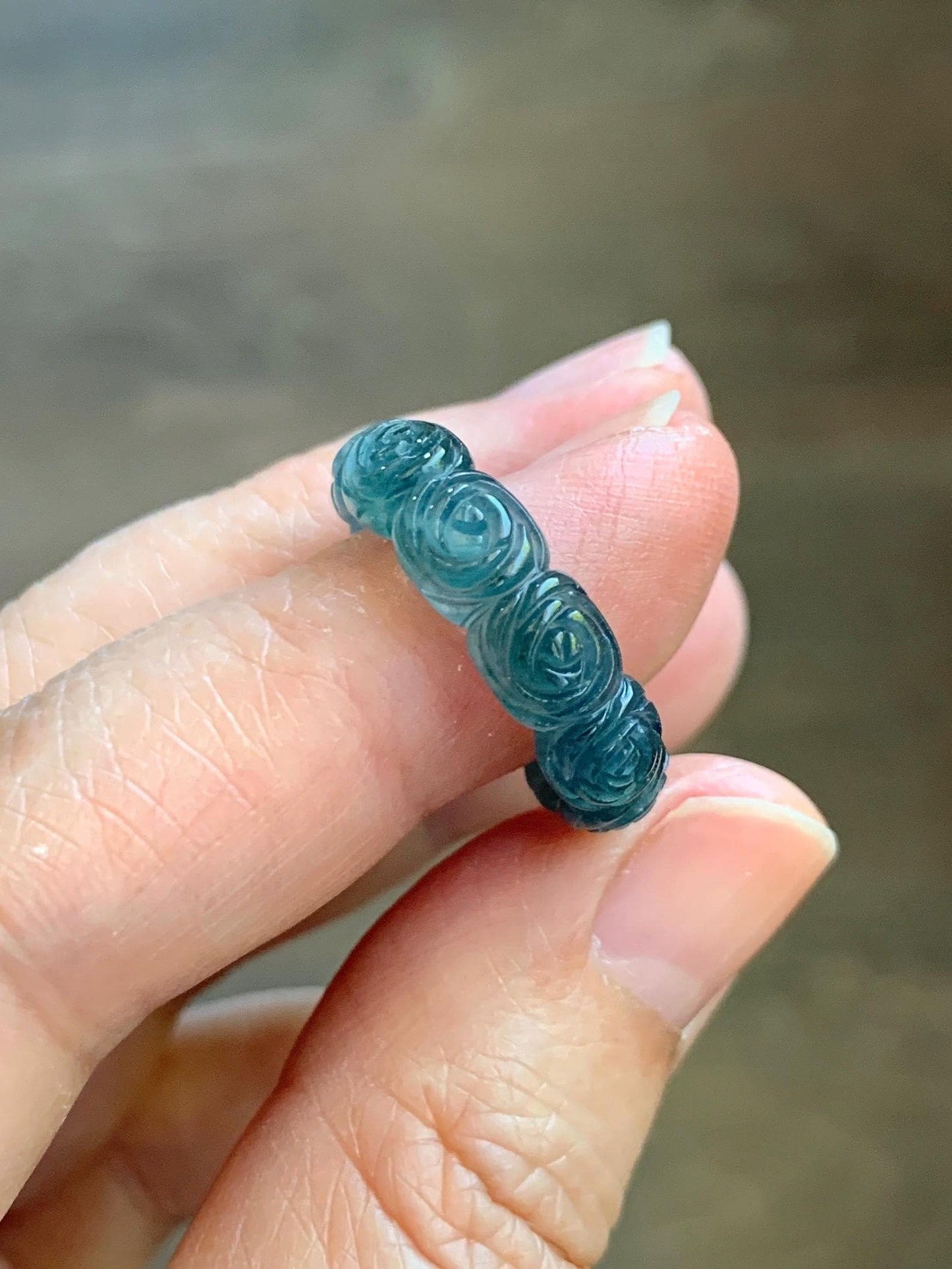 Grade A Natural Guatemalan Icy Highly Translucent Dark Teal Blue Jade Jadeite Carved Rose Band Ring Size 6.5 US 天然冰危深蓝翡翠玫瑰花戒圈 WSM280D