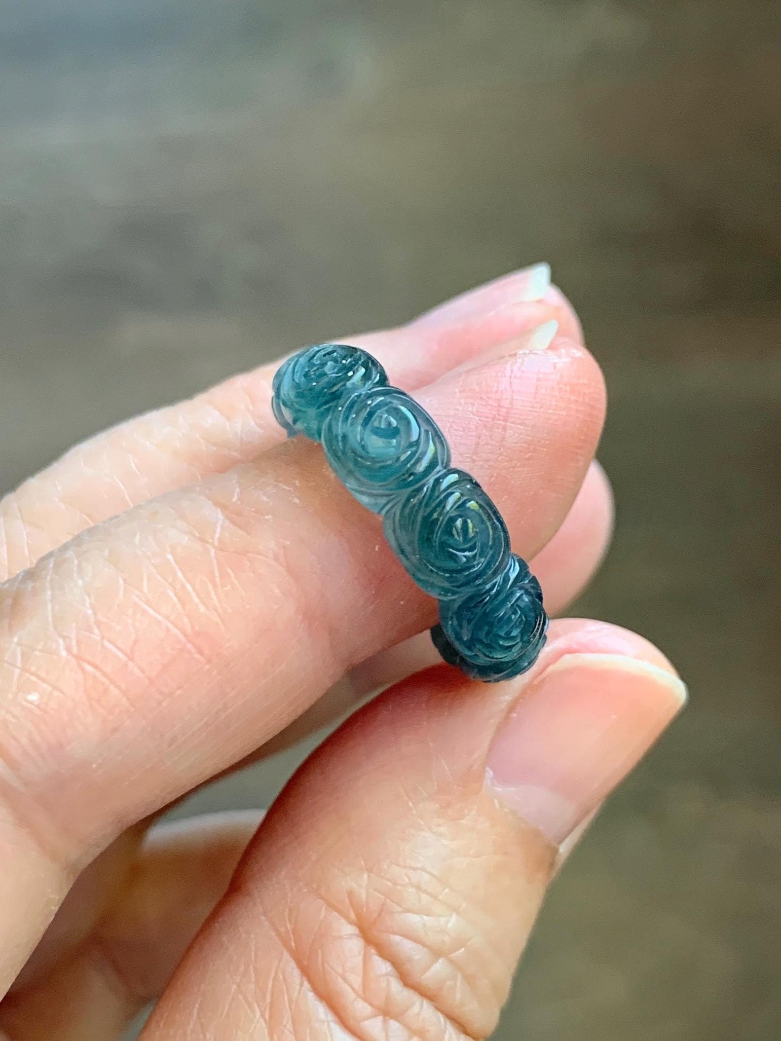 Grade A Natural Guatemalan Icy Highly Translucent Dark Teal Blue Jade Jadeite Carved Rose Band Ring Size 6.5 US 天然冰危深蓝翡翠玫瑰花戒圈 WSM280D