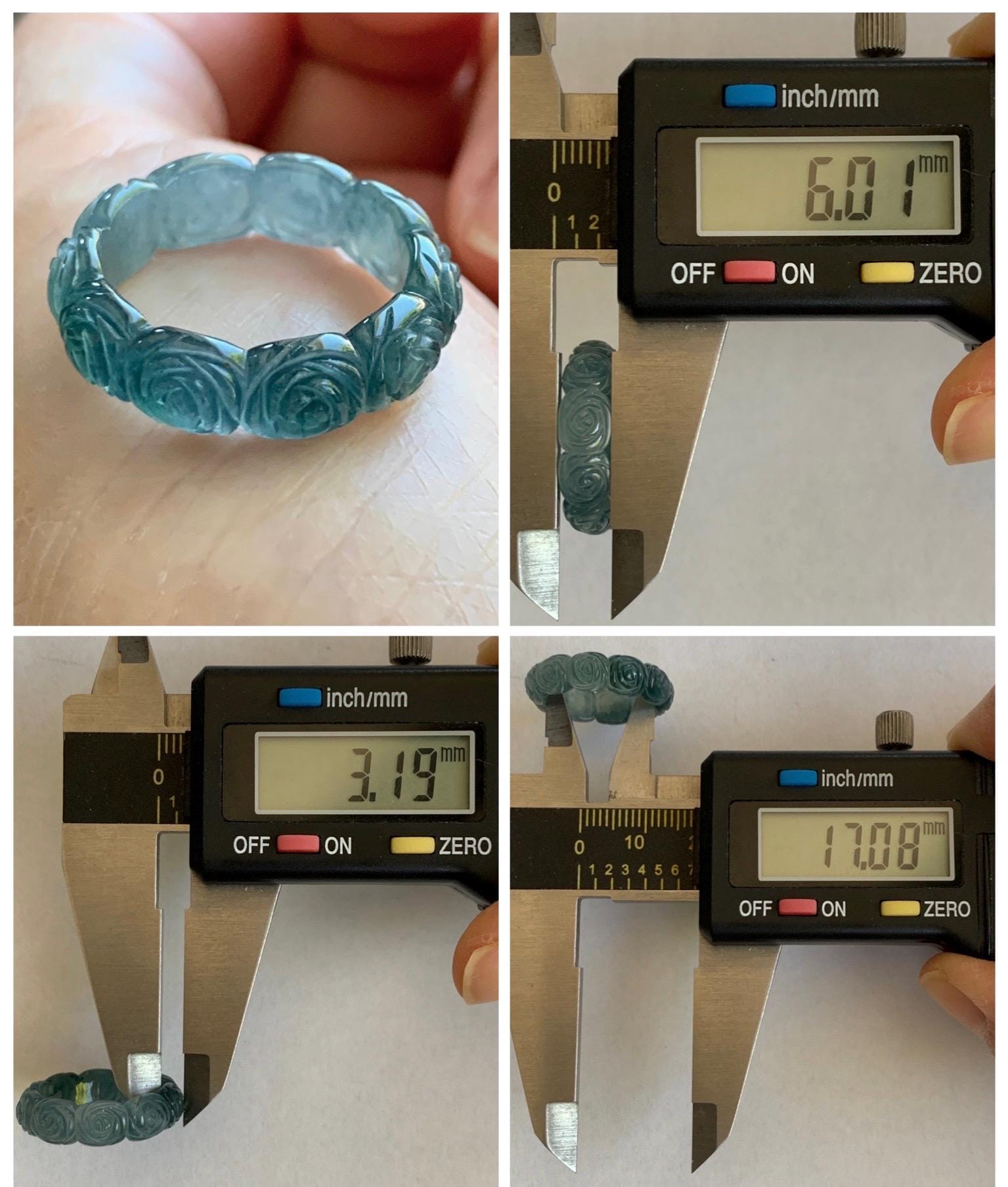Grade A Natural Guatemalan Icy Highly Translucent Dark Teal Blue Jade Jadeite Carved Rose Band Ring Size 6.5 US 天然冰危深蓝翡翠玫瑰花戒圈 WSM280D