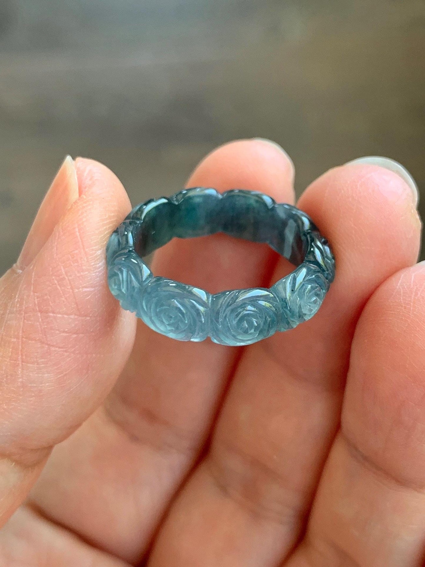 Grade A Natural Guatemalan Icy Highly Translucent Dark Teal Blue Jade Jadeite Carved Rose Band Ring Size 6.5 US 天然冰危深蓝翡翠玫瑰花戒圈 WSM280D