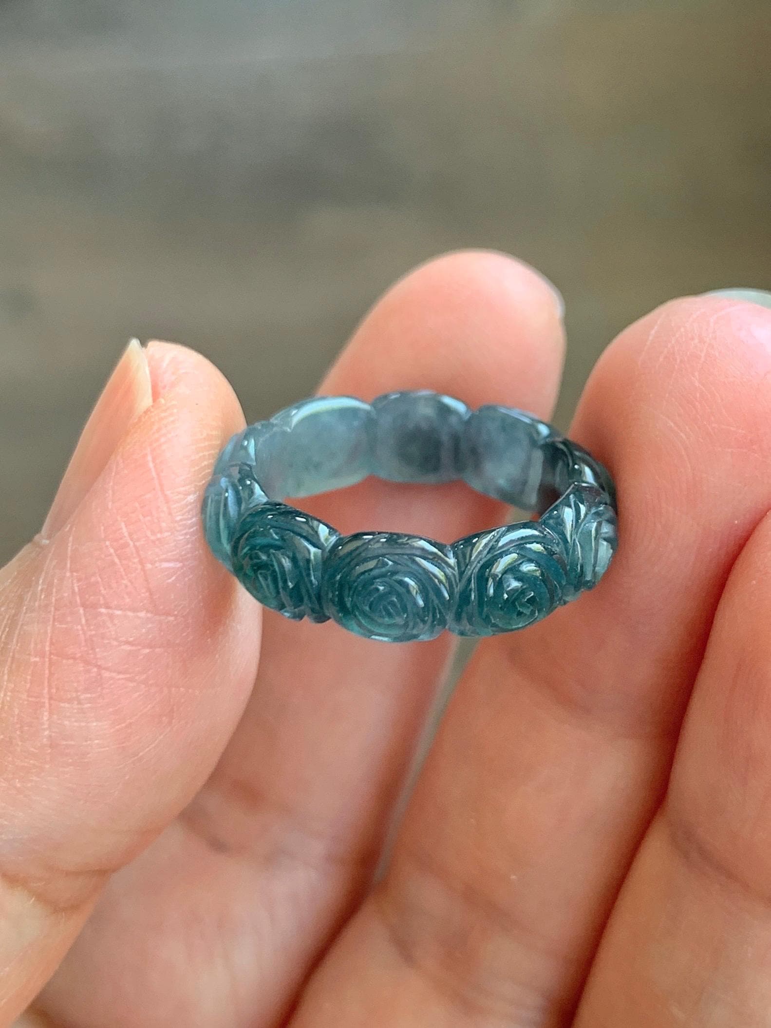 Grade A Natural Guatemalan Icy Highly Translucent Dark Teal Blue Jade Jadeite Carved Rose Band Ring Size 6.5 US 天然冰危深蓝翡翠玫瑰花戒圈 WSM280D