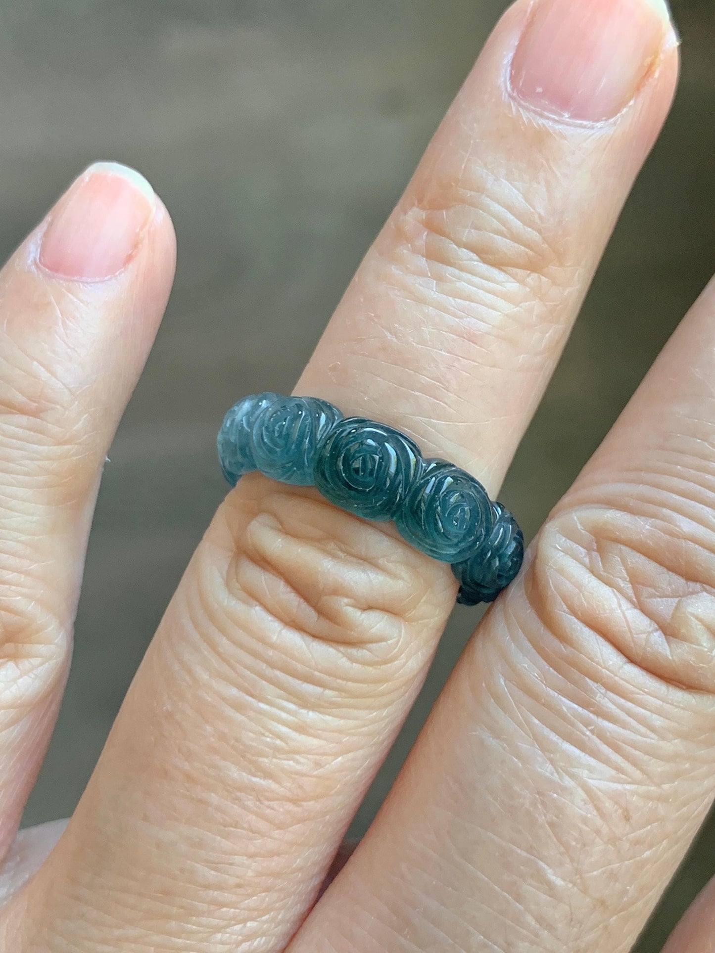 Grade A Natural Guatemalan Icy Highly Translucent Dark Teal Blue Jade Jadeite Carved Rose Band Ring Size 6.5 US 天然冰危深蓝翡翠玫瑰花戒圈 WSM280D