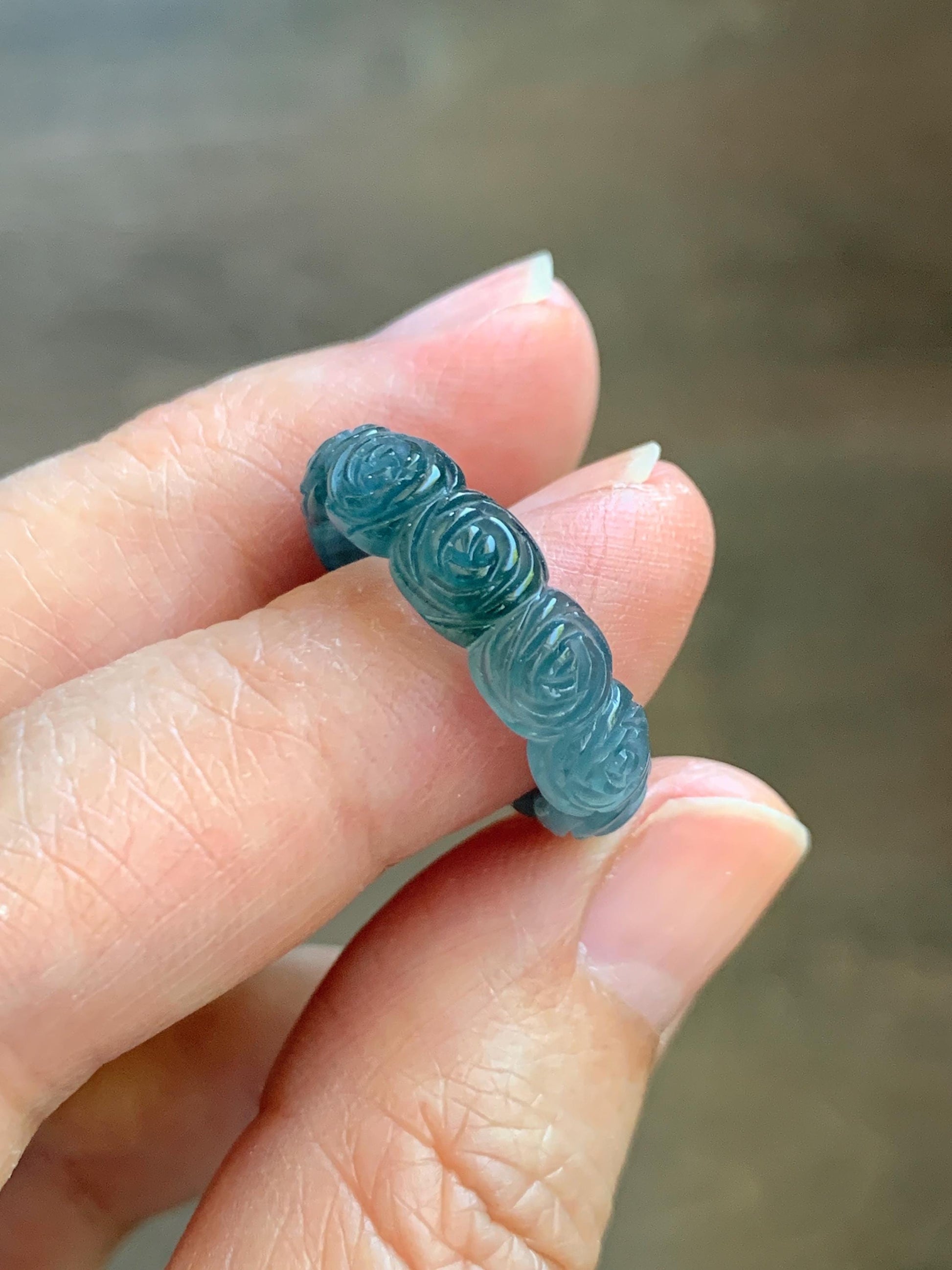 Grade A Natural Guatemalan Icy Highly Translucent Dark Teal Blue Jade Jadeite Carved Rose Band Ring Size 6.5 US 天然冰危深蓝翡翠玫瑰花戒圈 WSM280D