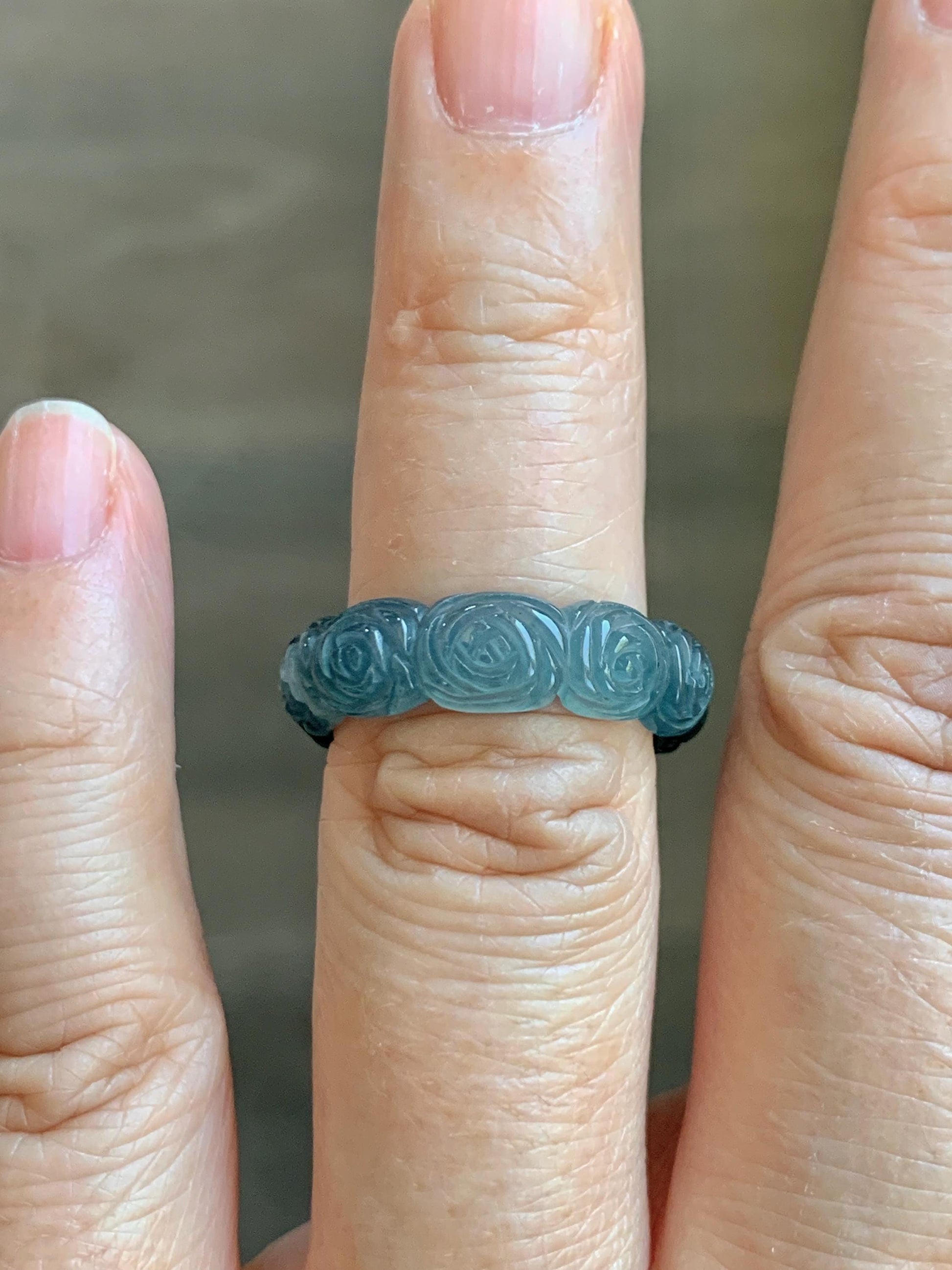 Grade A Natural Guatemalan Icy Highly Translucent Dark Teal Blue Jade Jadeite Carved Rose Band Ring Size 6.5 US 天然冰危深蓝翡翠玫瑰花戒圈 WSM280D