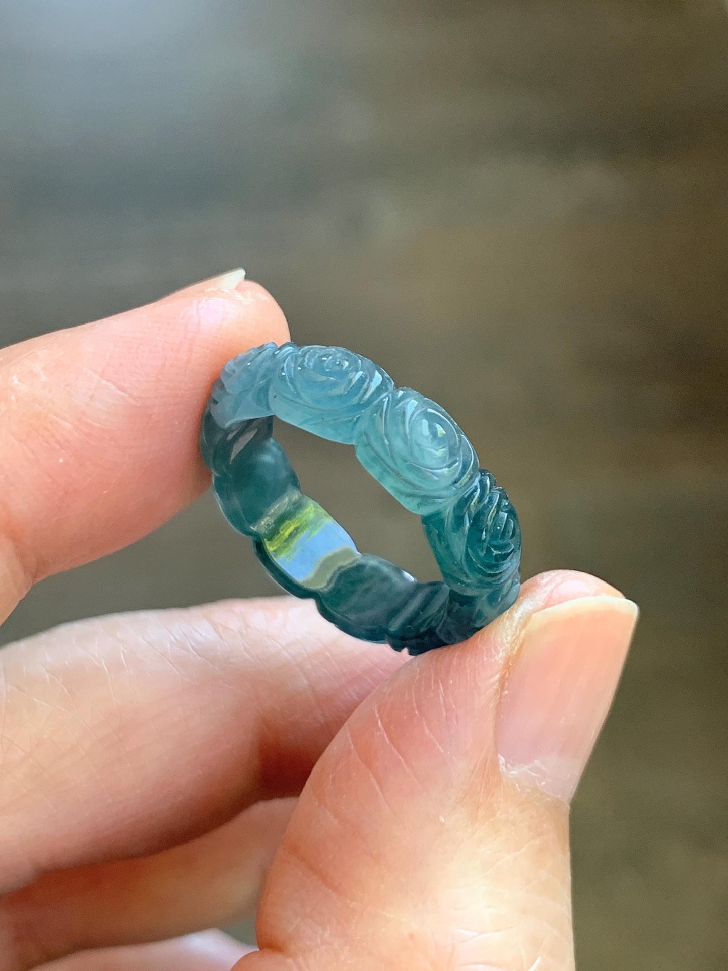 Grade A Natural Guatemalan Icy Highly Translucent Dark Teal Blue Jade Jadeite Carved Rose Band Ring Size 6.5 US 天然冰危深蓝翡翠玫瑰花戒圈 WSM280D