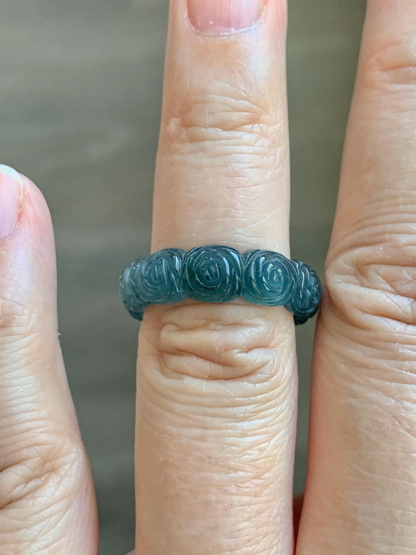 Grade A Natural Guatemalan Icy Highly Translucent Dark Teal Blue Jade Jadeite Carved Rose Band Ring Size 6.5 US 天然冰危深蓝翡翠玫瑰花戒圈 WSM280D