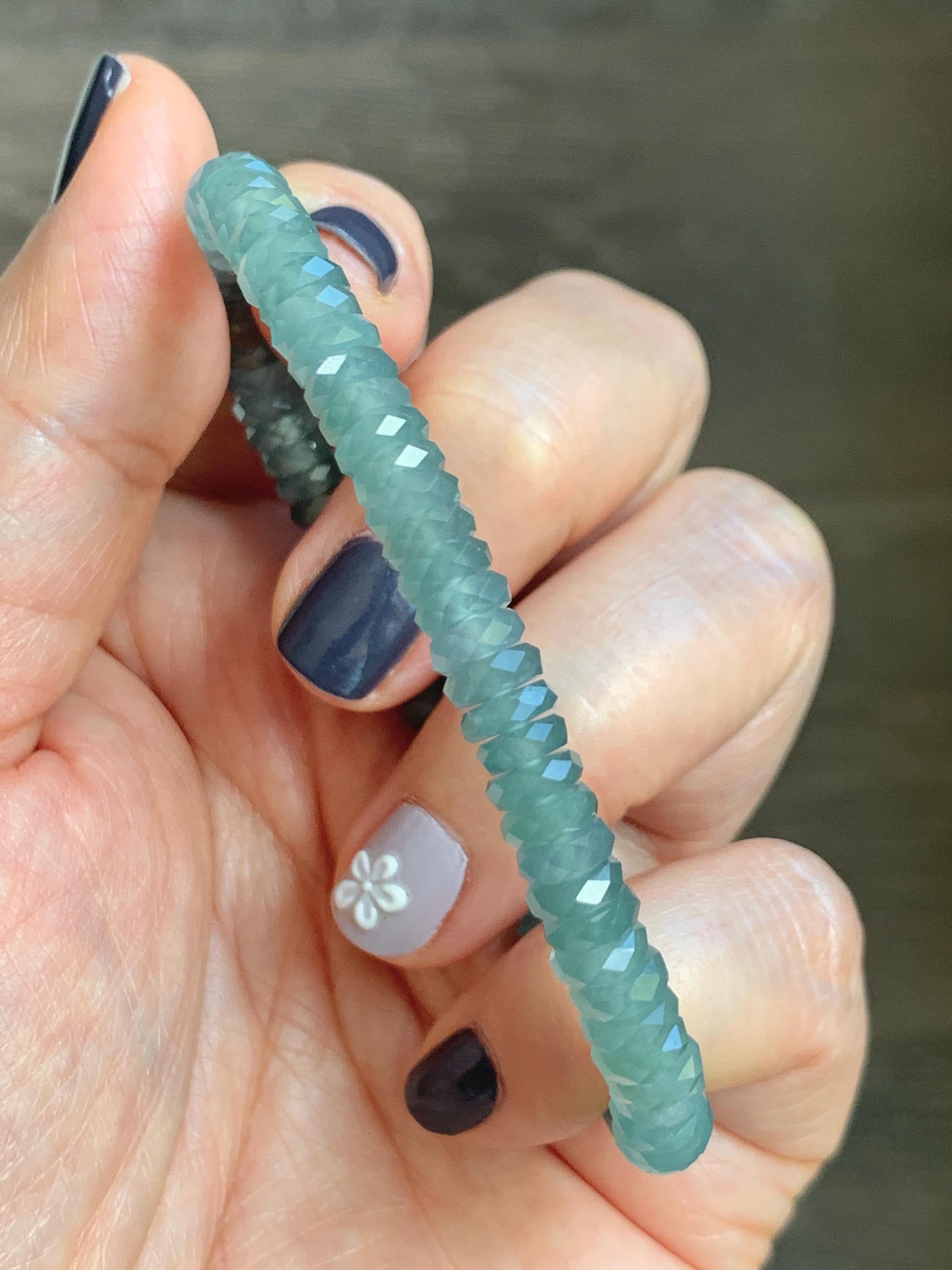 Certified Natural Grade A Guatemalan Icy Translucent Light Teal Jade Jadeite Faceted Flat Beads Beaded Bracelet 6.75” 天然冰危浅蓝绿翡翠切割面珠手串 602