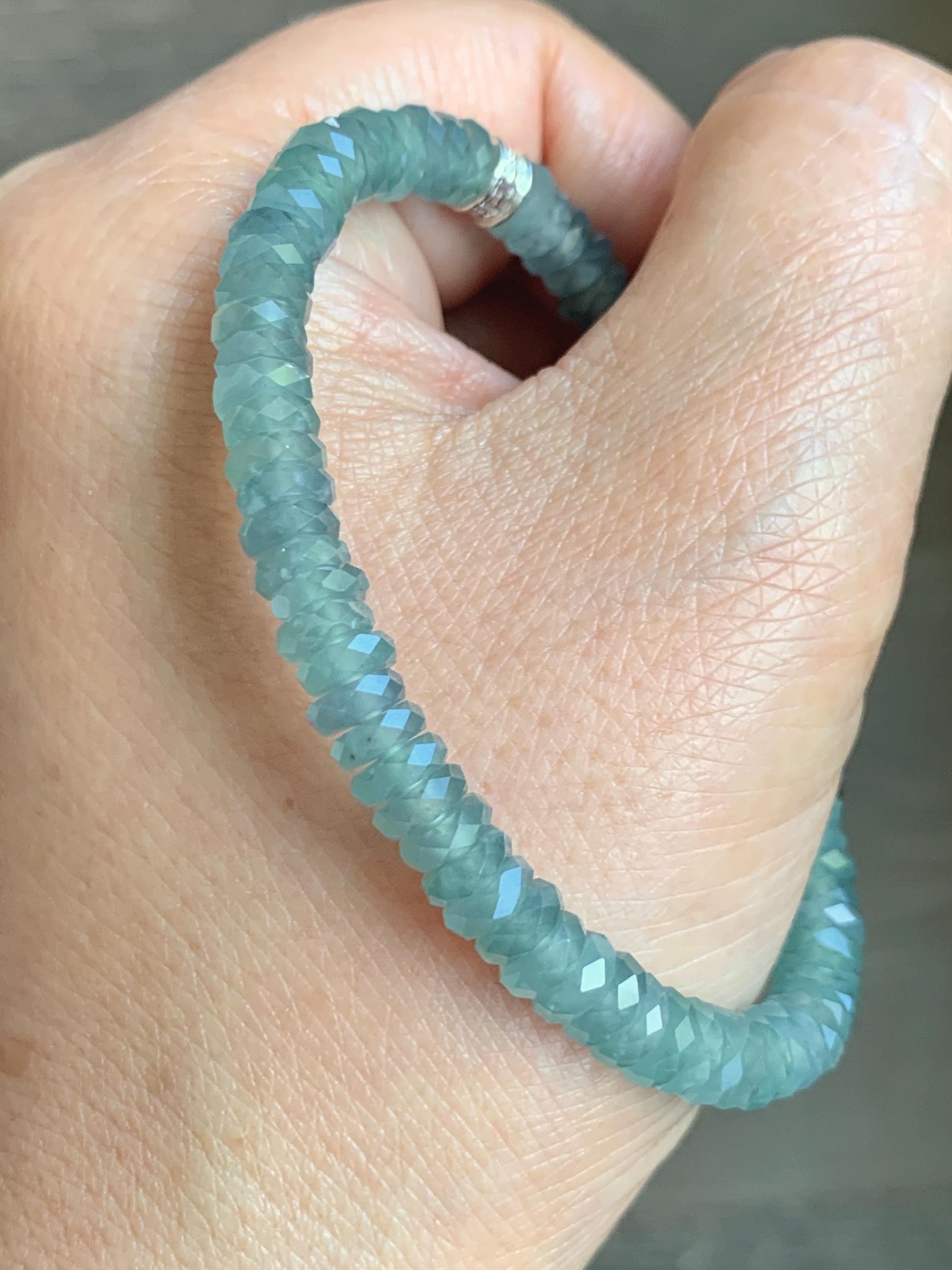 Certified Natural Grade A Guatemalan Icy Translucent Light Teal Jade Jadeite Faceted Flat Beads Beaded Bracelet 6.75” 天然冰危浅蓝绿翡翠切割面珠手串 602