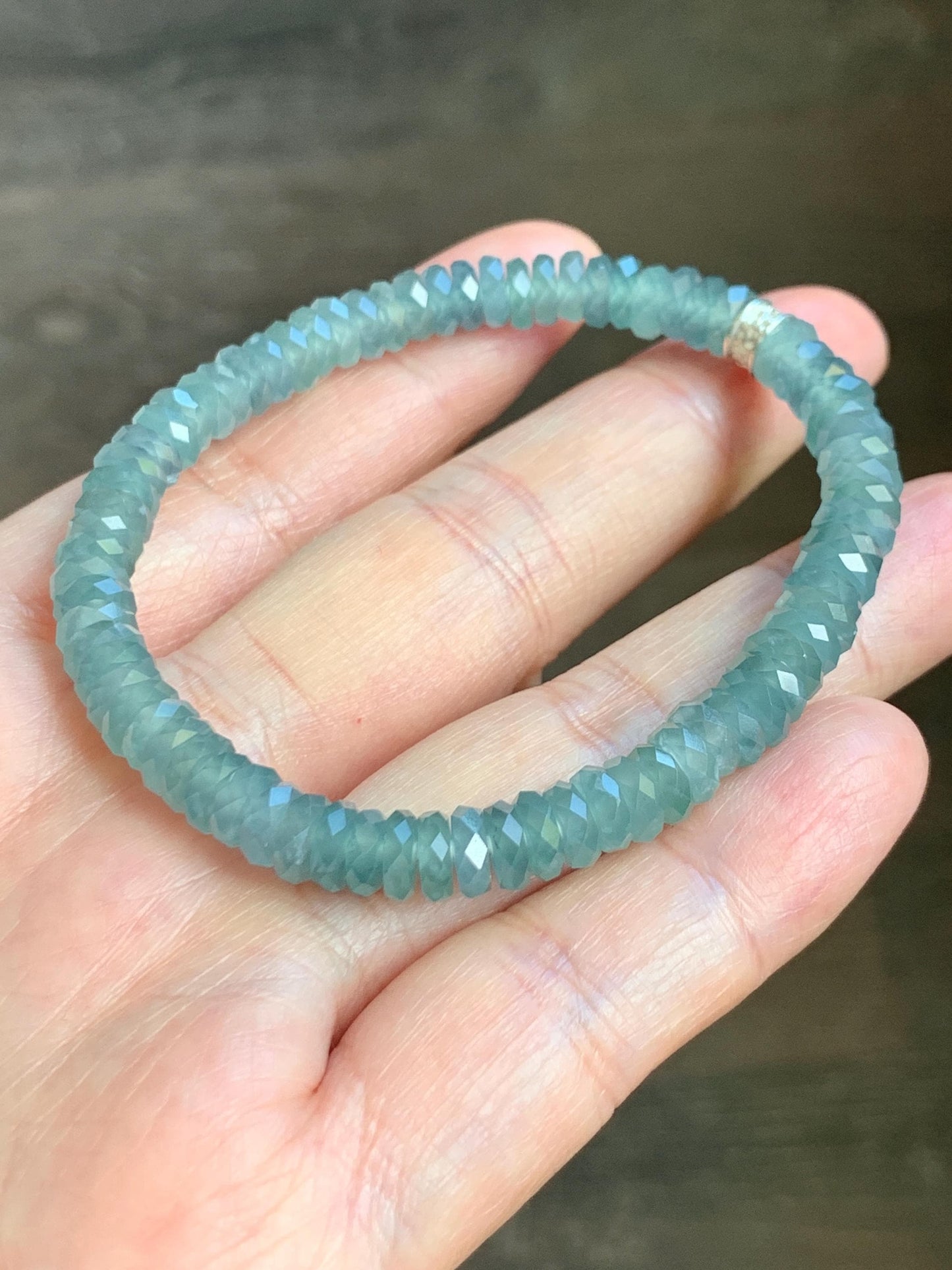 Certified Natural Grade A Guatemalan Icy Translucent Light Teal Jade Jadeite Faceted Flat Beads Beaded Bracelet 6.75” 天然冰危浅蓝绿翡翠切割面珠手串 602