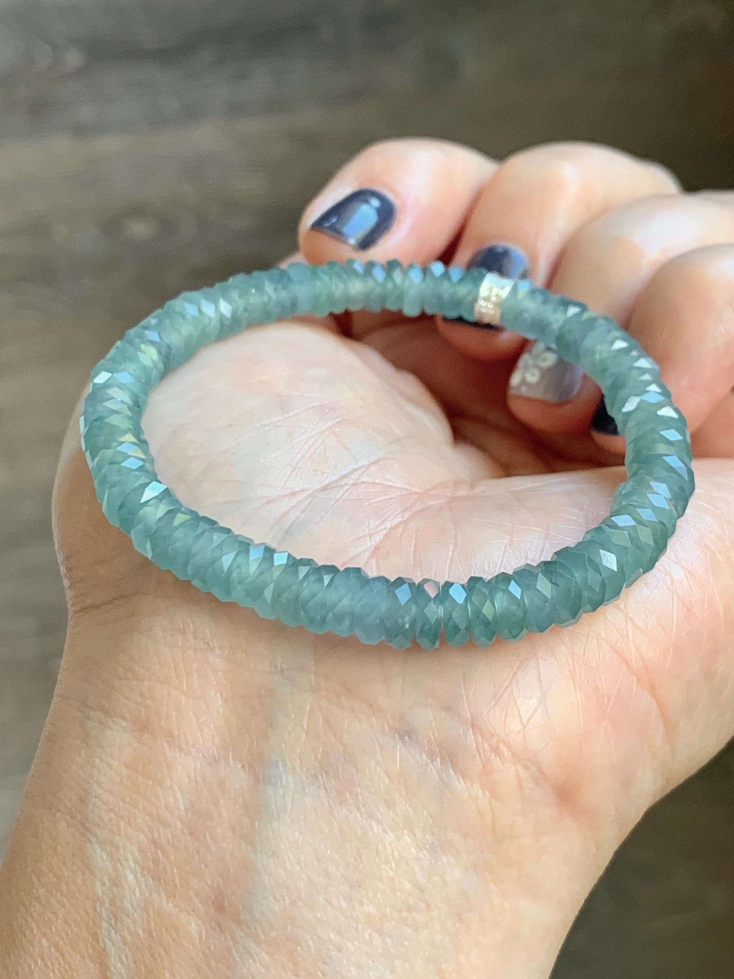 Certified Natural Grade A Guatemalan Icy Translucent Light Teal Jade Jadeite Faceted Flat Beads Beaded Bracelet 6.75” 天然冰危浅蓝绿翡翠切割面珠手串 602