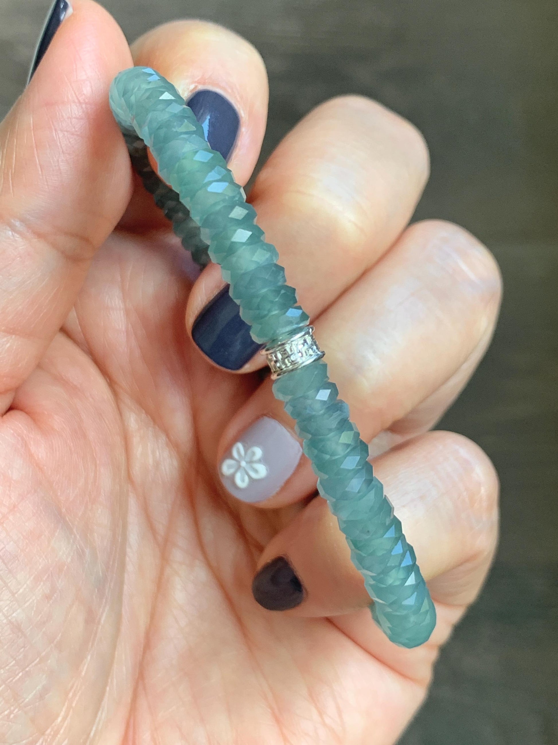 Certified Natural Grade A Guatemalan Icy Translucent Light Teal Jade Jadeite Faceted Flat Beads Beaded Bracelet 6.75” 天然冰危浅蓝绿翡翠切割面珠手串 602