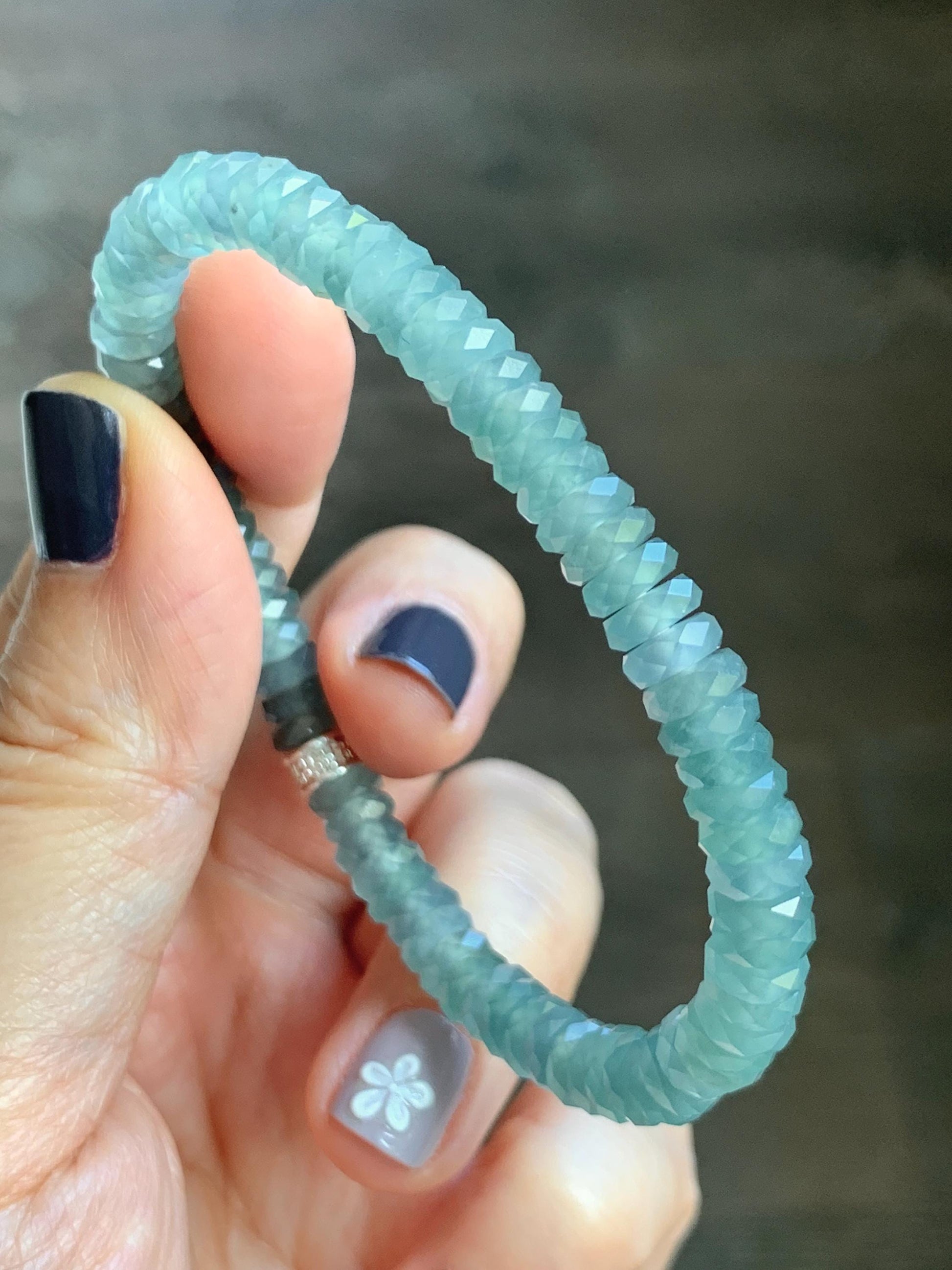 Certified Natural Grade A Guatemalan Icy Translucent Light Teal Jade Jadeite Faceted Flat Beads Beaded Bracelet 6.75” 天然冰危浅蓝绿翡翠切割面珠手串 602