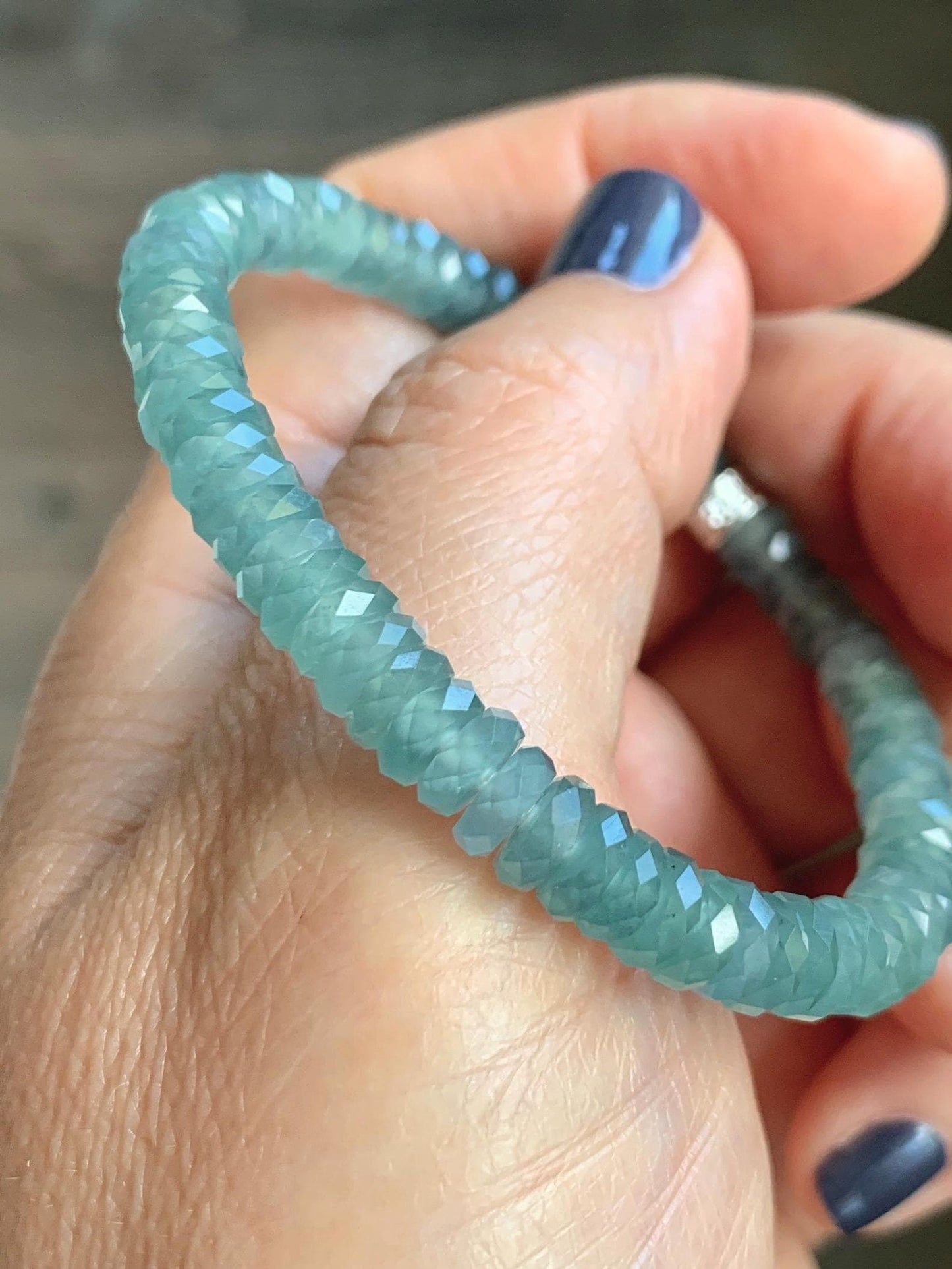 Certified Natural Grade A Guatemalan Icy Translucent Light Teal Jade Jadeite Faceted Flat Beads Beaded Bracelet 6.75” 天然冰危浅蓝绿翡翠切割面珠手串 602