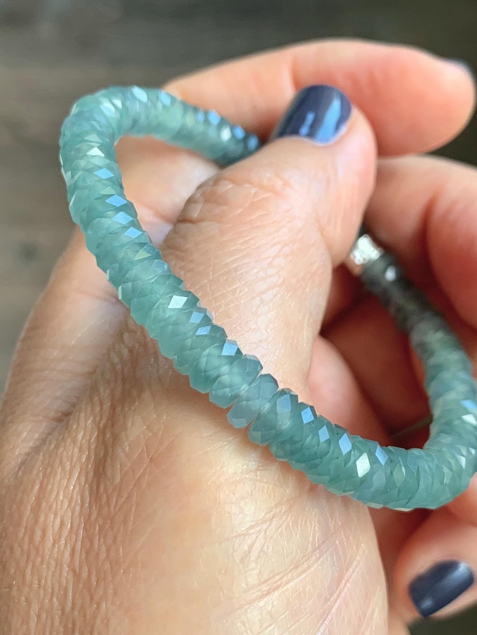 Certified Natural Grade A Guatemalan Icy Translucent Light Teal Jade Jadeite Faceted Flat Beads Beaded Bracelet 6.75” 天然冰危浅蓝绿翡翠切割面珠手串 602