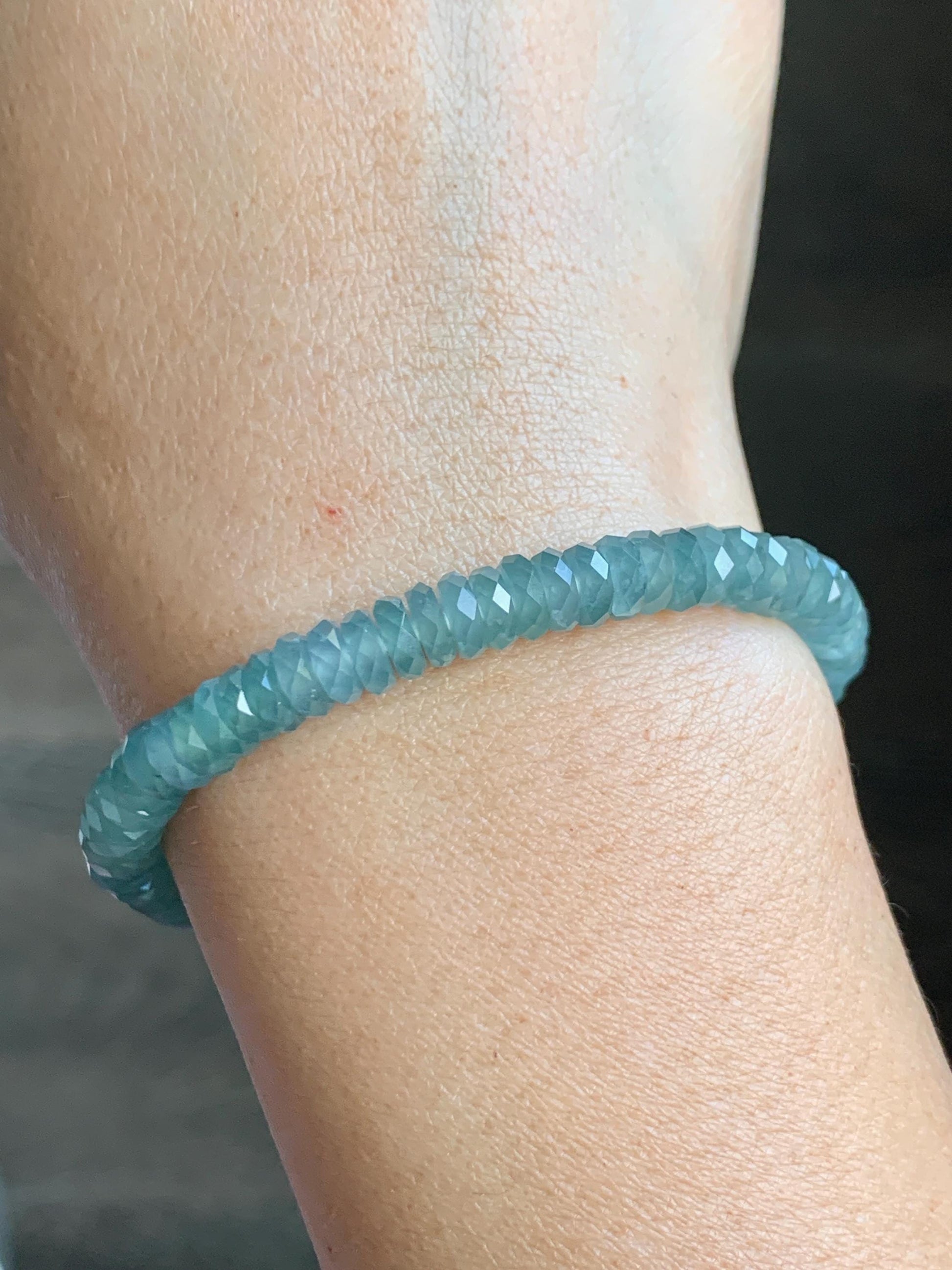 Certified Natural Grade A Guatemalan Icy Translucent Light Teal Jade Jadeite Faceted Flat Beads Beaded Bracelet 6.75” 天然冰危浅蓝绿翡翠切割面珠手串 602
