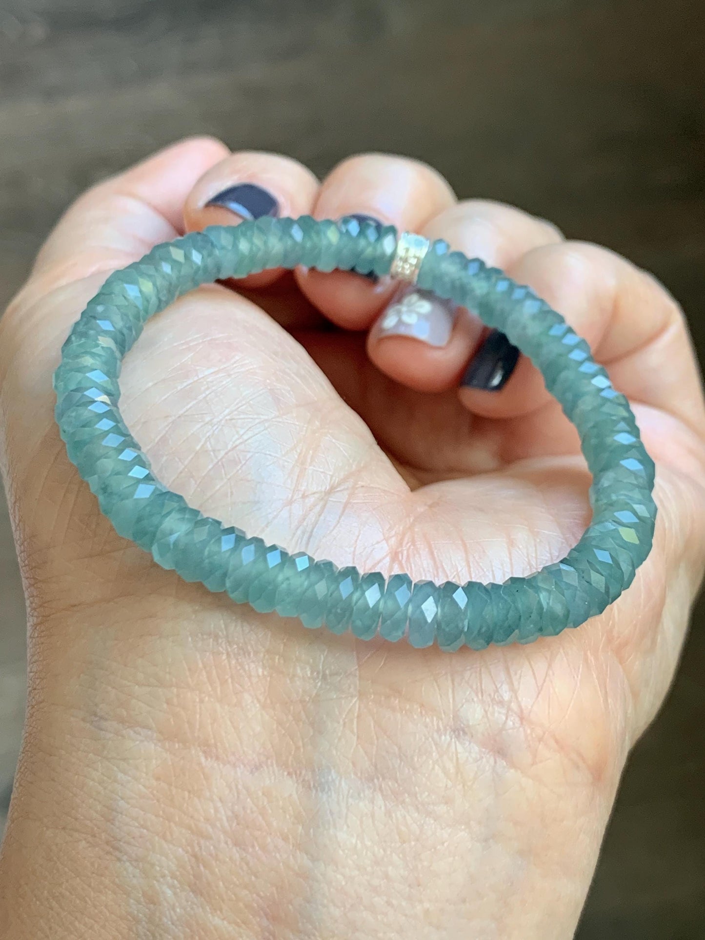 Certified Natural Grade A Guatemalan Icy Translucent Light Teal Jade Jadeite Faceted Flat Beads Beaded Bracelet 6.75” 天然冰危浅蓝绿翡翠切割面珠手串 602
