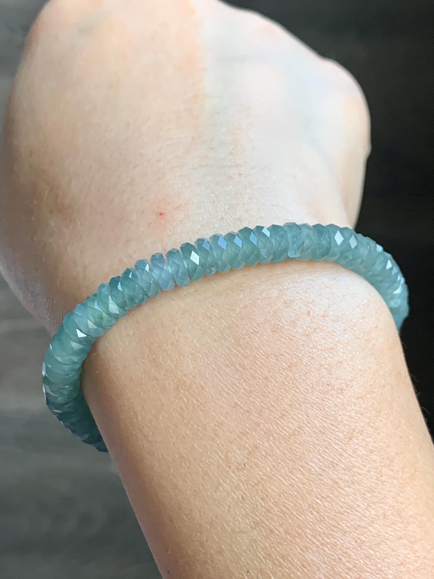 Certified Natural Grade A Guatemalan Icy Translucent Light Teal Jade Jadeite Faceted Flat Beads Beaded Bracelet 6.75” 天然冰危浅蓝绿翡翠切割面珠手串 602