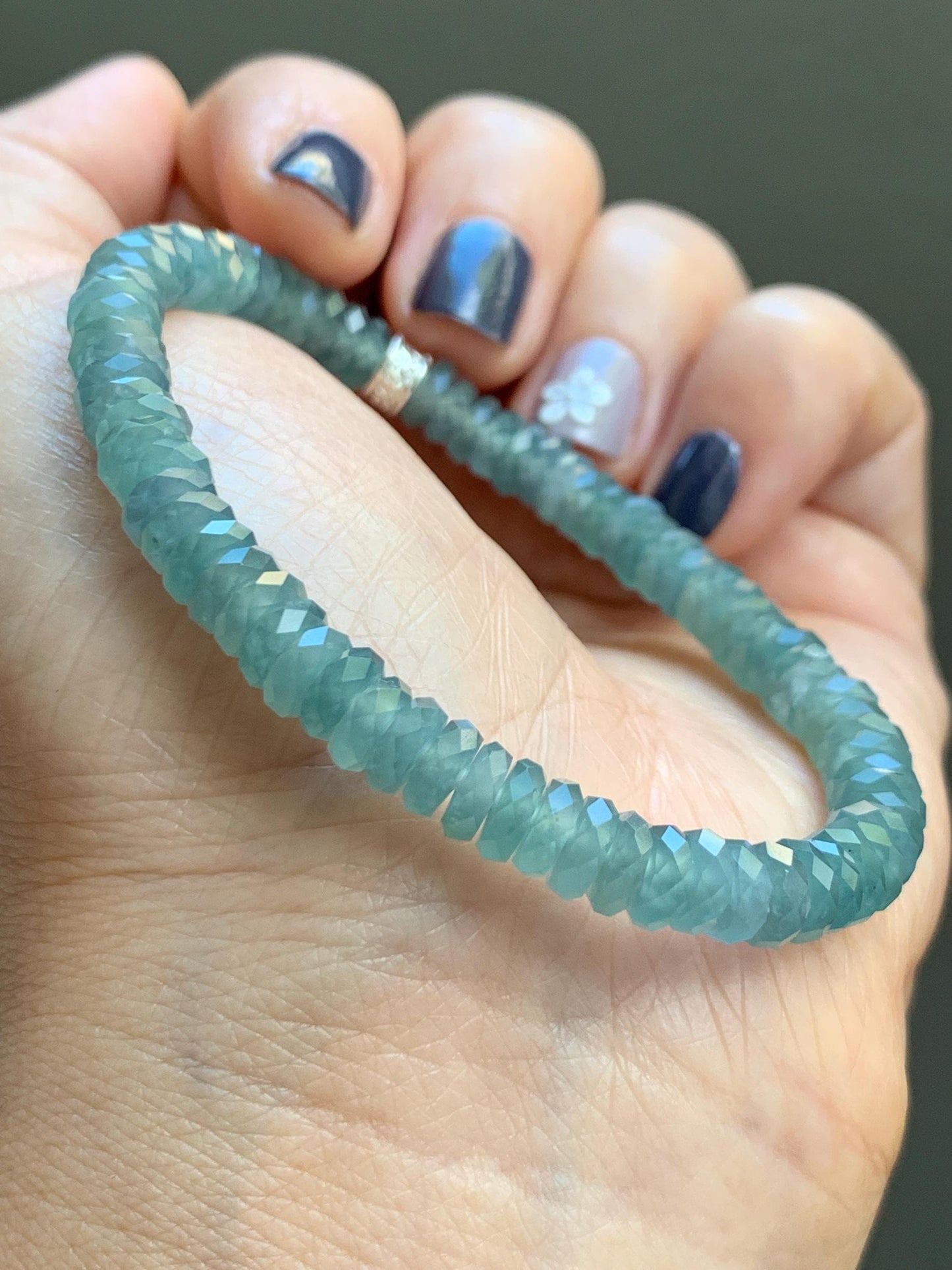 Certified Natural Grade A Guatemalan Icy Translucent Light Teal Jade Jadeite Faceted Flat Beads Beaded Bracelet 6.75” 天然冰危浅蓝绿翡翠切割面珠手串 602