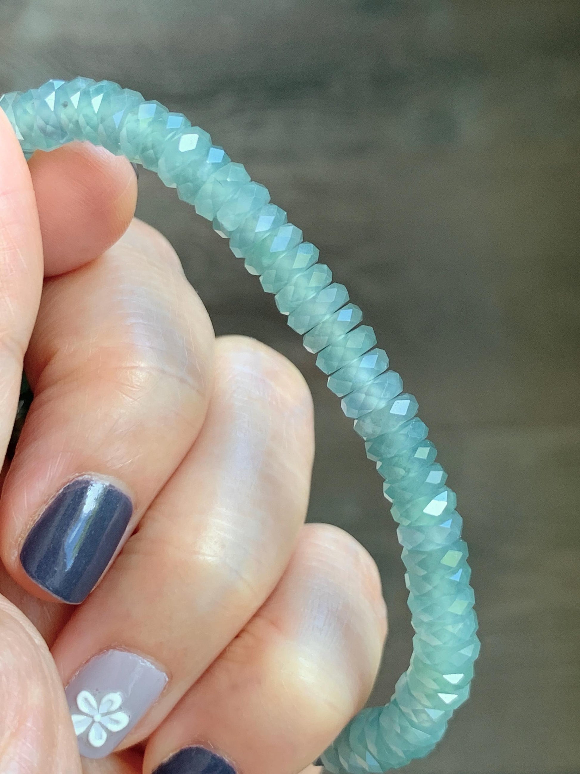 Certified Natural Grade A Guatemalan Icy Translucent Light Teal Jade Jadeite Faceted Flat Beads Beaded Bracelet 6.75” 天然冰危浅蓝绿翡翠切割面珠手串 602