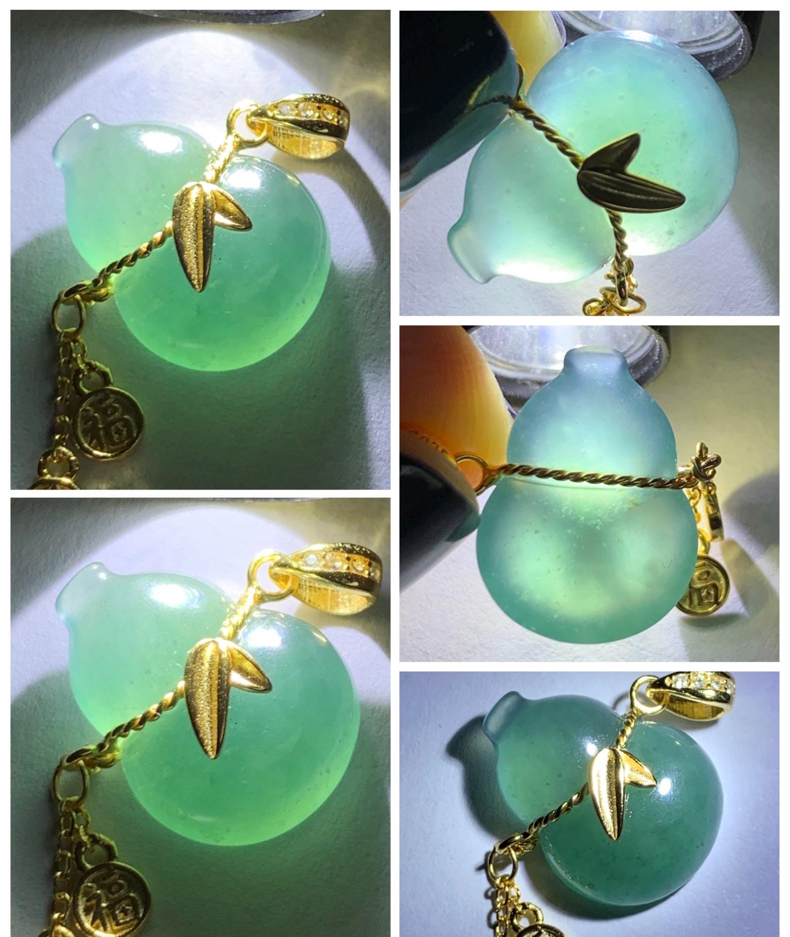 Natural Grade A Guatemalan Icy Highly Translucent Dark Teal Blue Jade Jadeite Gourd Hulu Pendant Sterling Silver 天然冰危深蓝绿翡翠葫芦吊坠 WHL100A
