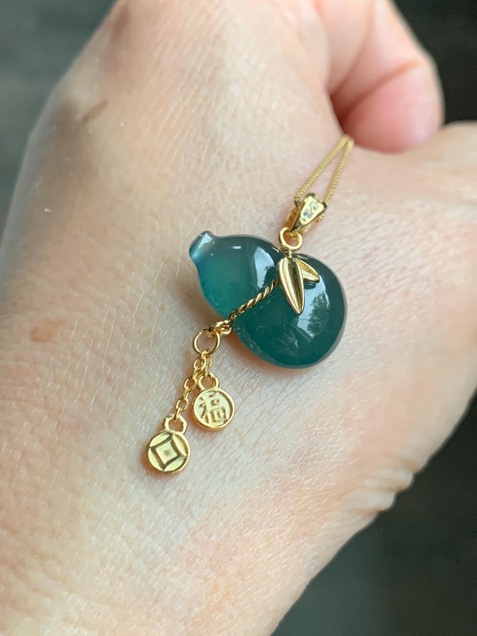 Natural Grade A Guatemalan Icy Highly Translucent Dark Teal Blue Jade Jadeite Gourd Hulu Pendant Sterling Silver 天然冰危深蓝绿翡翠葫芦吊坠 WHL100A