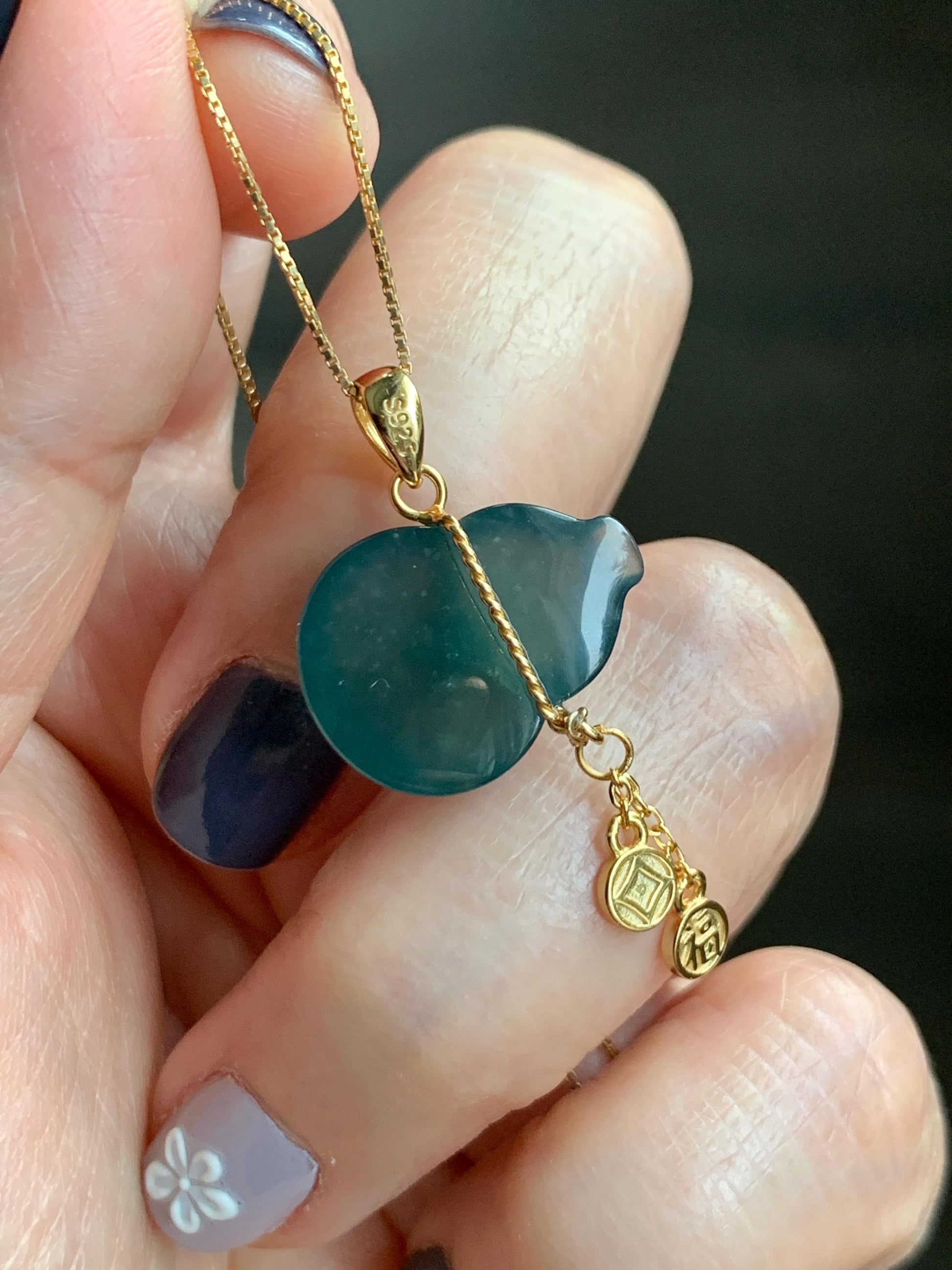 Natural Grade A Guatemalan Icy Highly Translucent Dark Teal Blue Jade Jadeite Gourd Hulu Pendant Sterling Silver 天然冰危深蓝绿翡翠葫芦吊坠 WHL100A