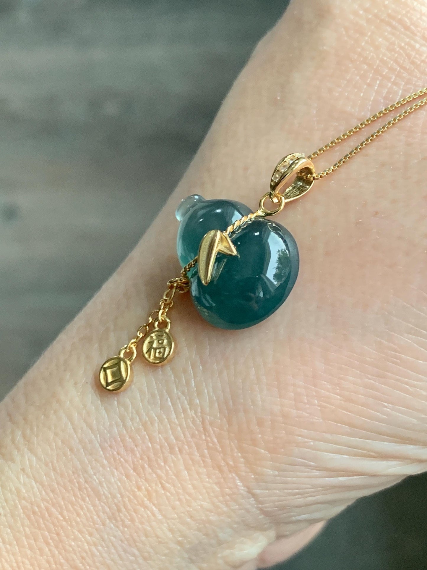 Natural Grade A Guatemalan Icy Highly Translucent Dark Teal Blue Jade Jadeite Gourd Hulu Pendant Sterling Silver 天然冰危深蓝绿翡翠葫芦吊坠 WHL100A