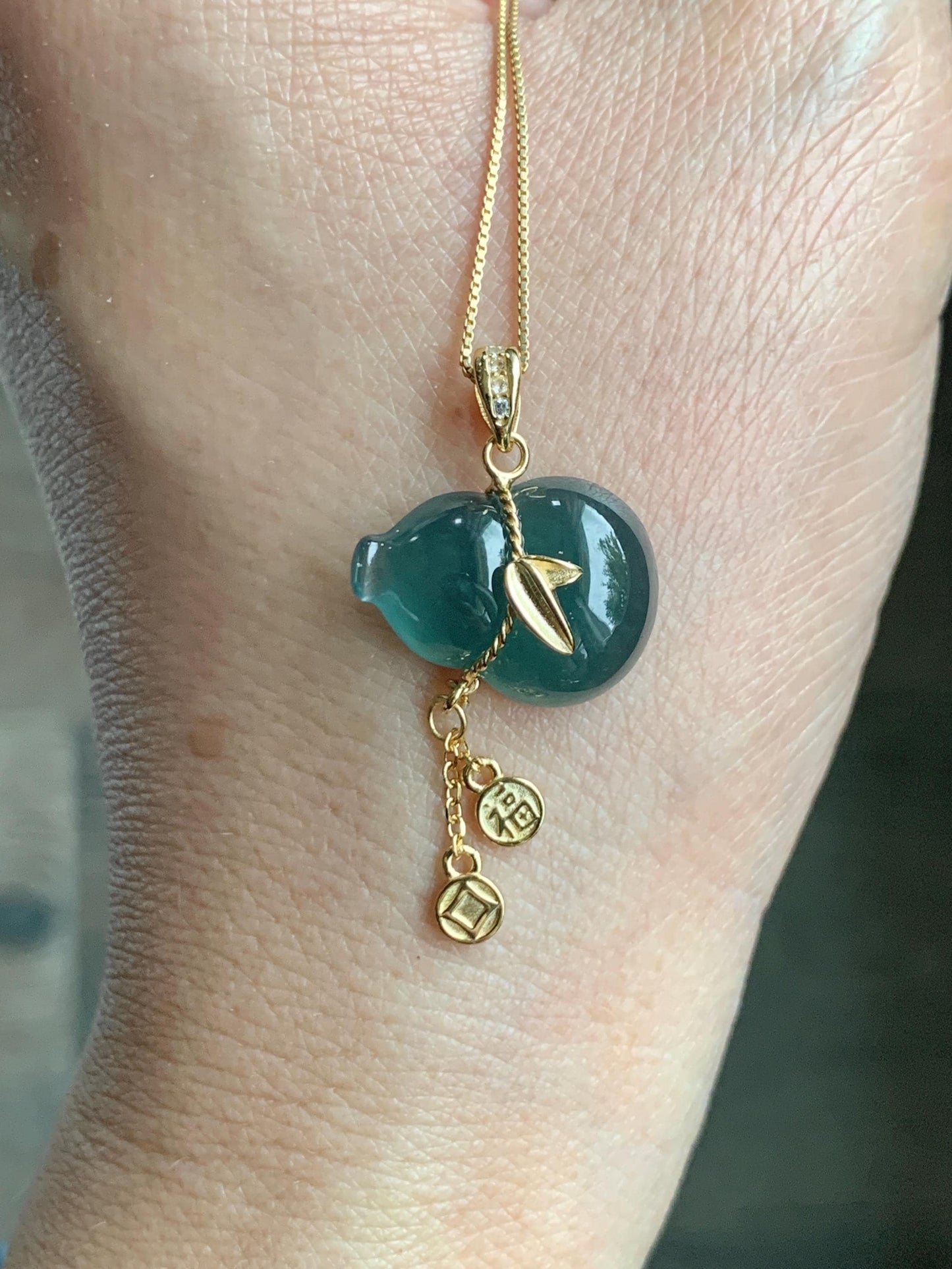 Natural Grade A Guatemalan Icy Highly Translucent Dark Teal Blue Jade Jadeite Gourd Hulu Pendant Sterling Silver 天然冰危深蓝绿翡翠葫芦吊坠 WHL100A
