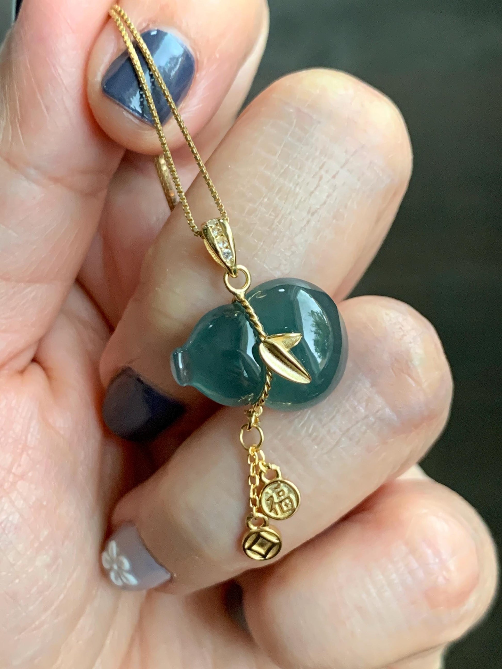 Natural Grade A Guatemalan Icy Highly Translucent Dark Teal Blue Jade Jadeite Gourd Hulu Pendant Sterling Silver 天然冰危深蓝绿翡翠葫芦吊坠 WHL100A