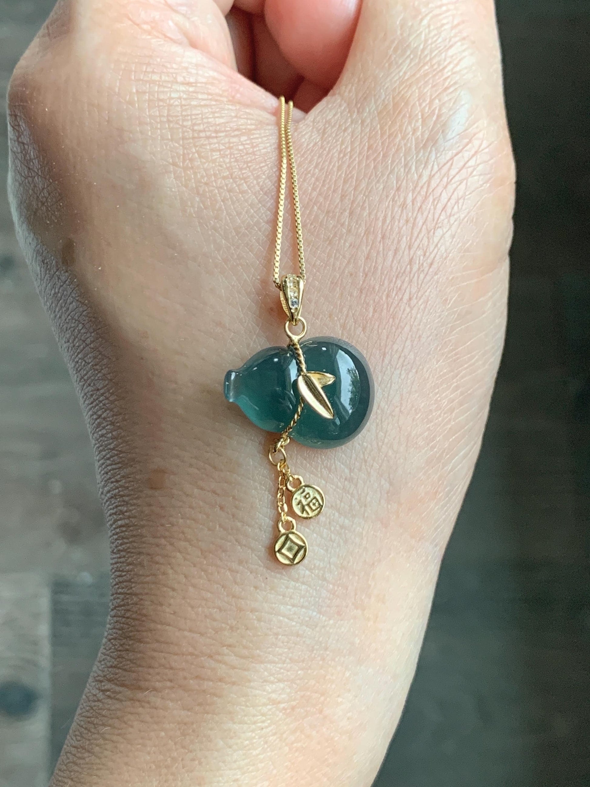 Natural Grade A Guatemalan Icy Highly Translucent Dark Teal Blue Jade Jadeite Gourd Hulu Pendant Sterling Silver 天然冰危深蓝绿翡翠葫芦吊坠 WHL100A