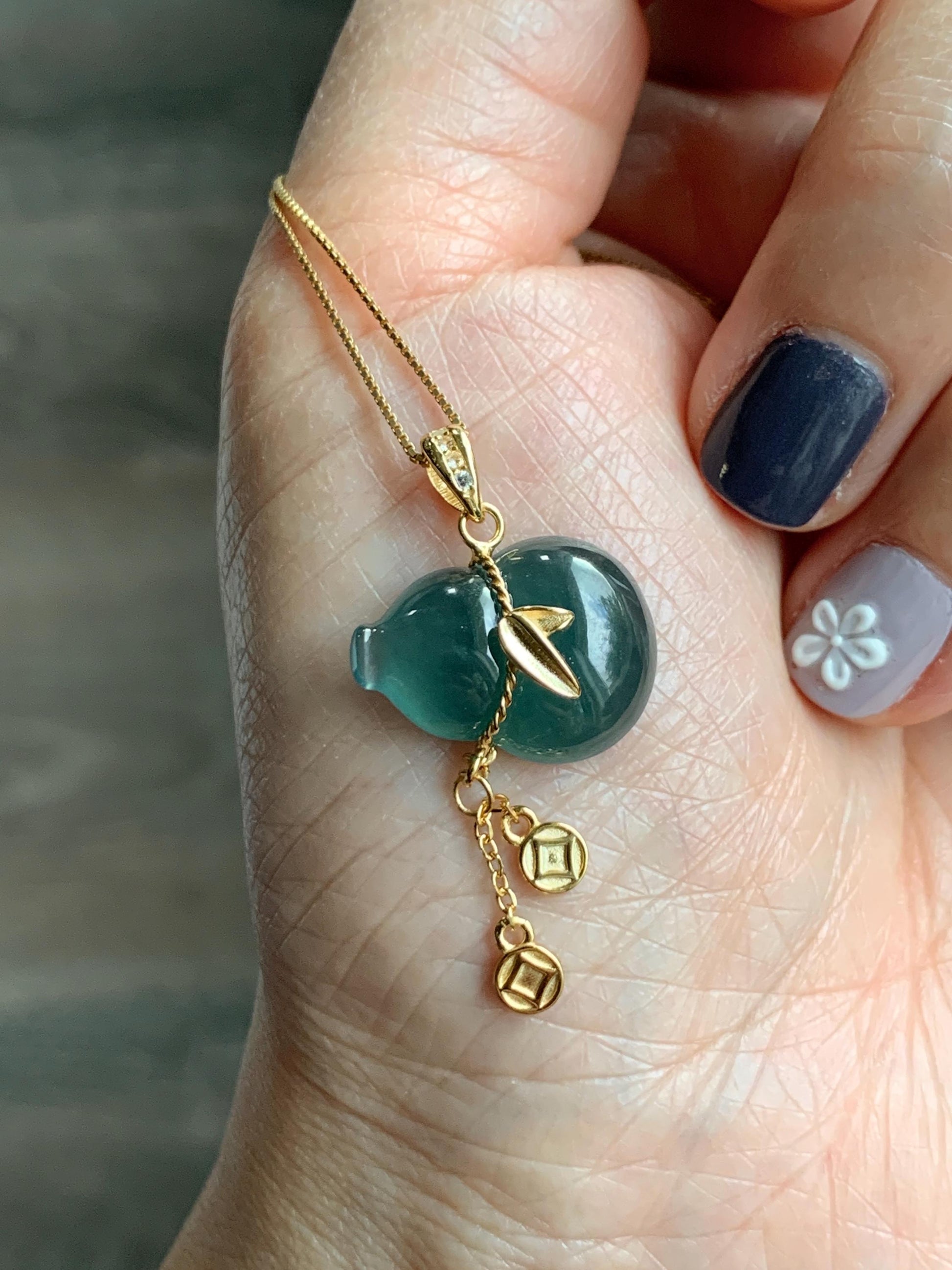 Natural Grade A Guatemalan Icy Highly Translucent Dark Teal Blue Jade Jadeite Gourd Hulu Pendant Sterling Silver 天然冰危深蓝绿翡翠葫芦吊坠 WHL100A