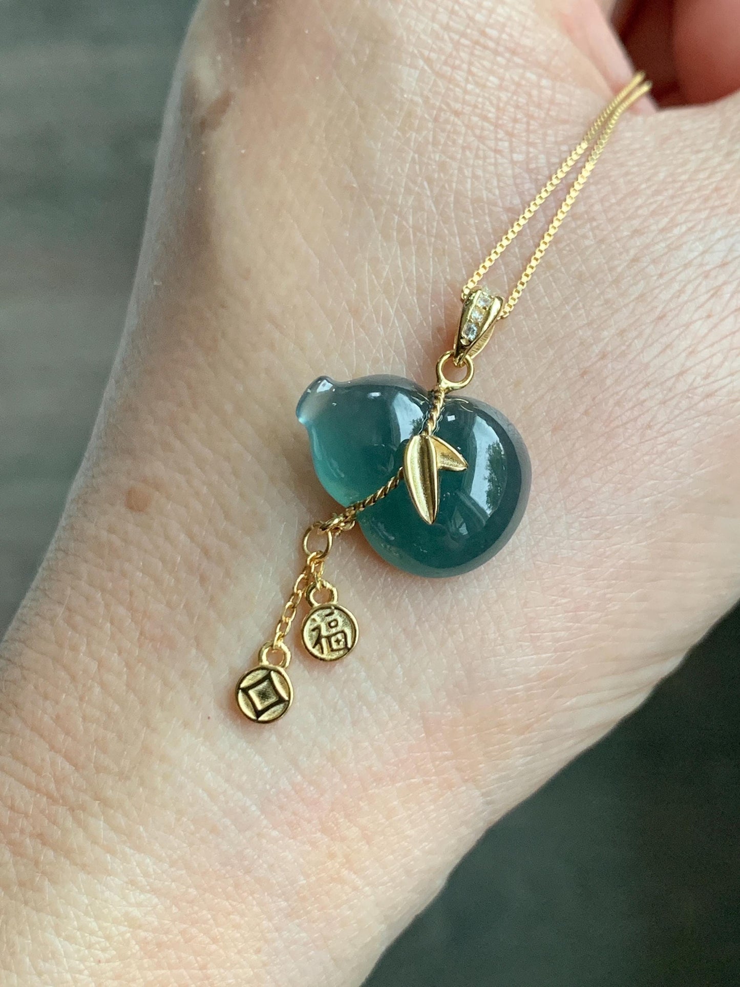 Natural Grade A Guatemalan Icy Highly Translucent Dark Teal Blue Jade Jadeite Gourd Hulu Pendant Sterling Silver 天然冰危深蓝绿翡翠葫芦吊坠 WHL100A