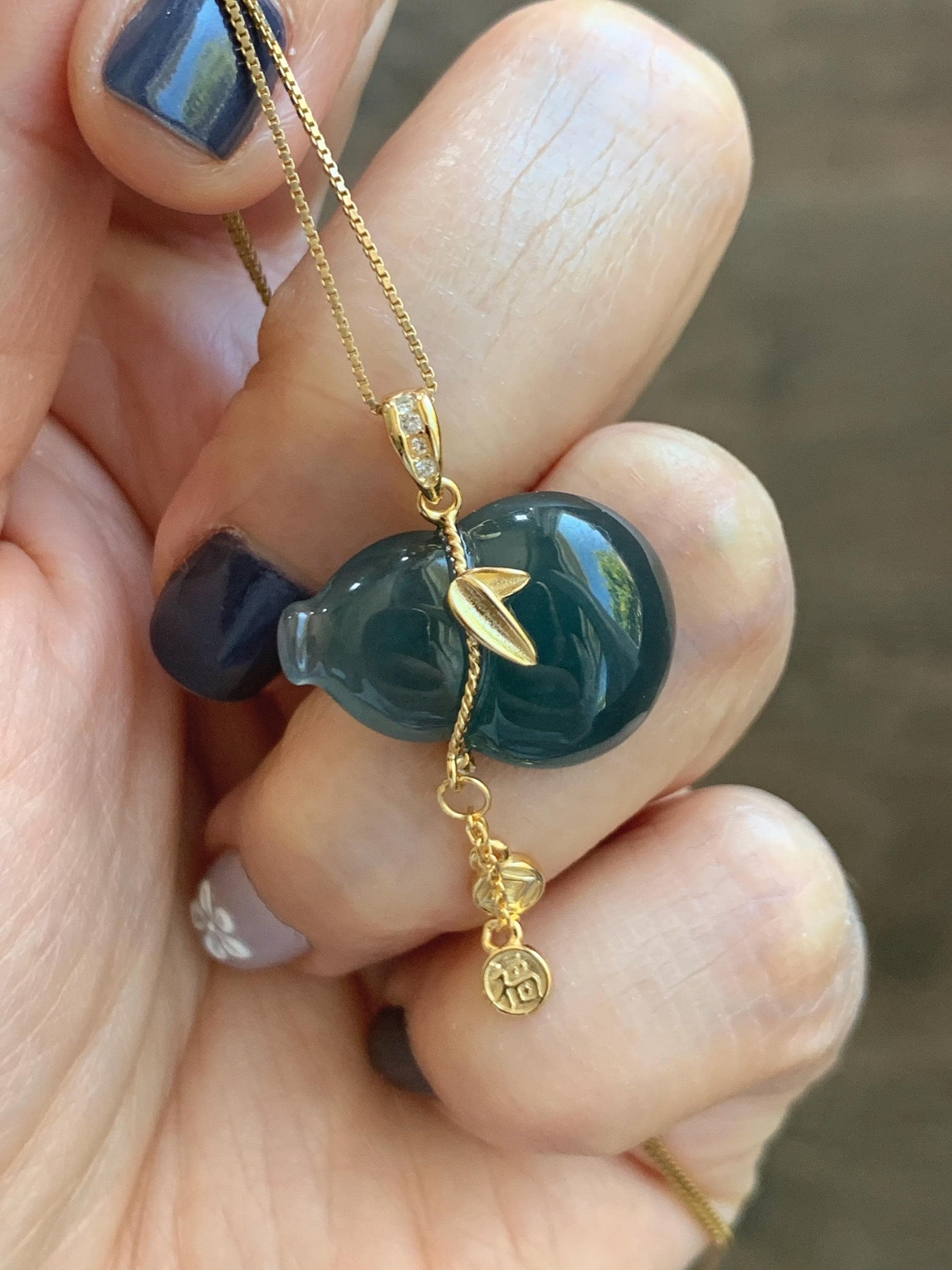 Natural Grade A Guatemalan Icy Highly Translucent Dark Teal Blue Jade Jadeite Gourd Hulu Pendant Sterling Silver 天然冰危深蓝绿翡翠葫芦吊坠 WHL100B