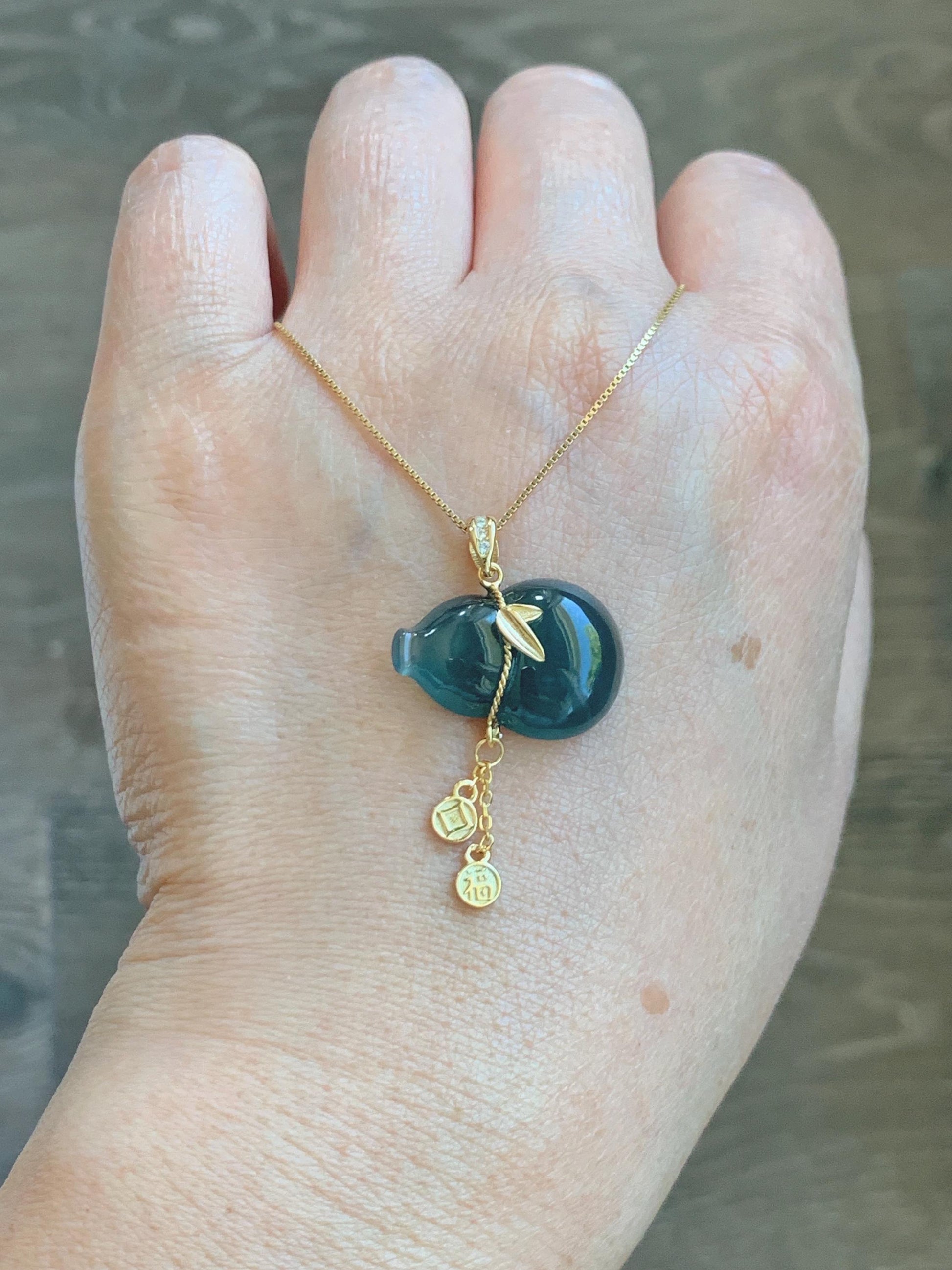 Natural Grade A Guatemalan Icy Highly Translucent Dark Teal Blue Jade Jadeite Gourd Hulu Pendant Sterling Silver 天然冰危深蓝绿翡翠葫芦吊坠 WHL100B