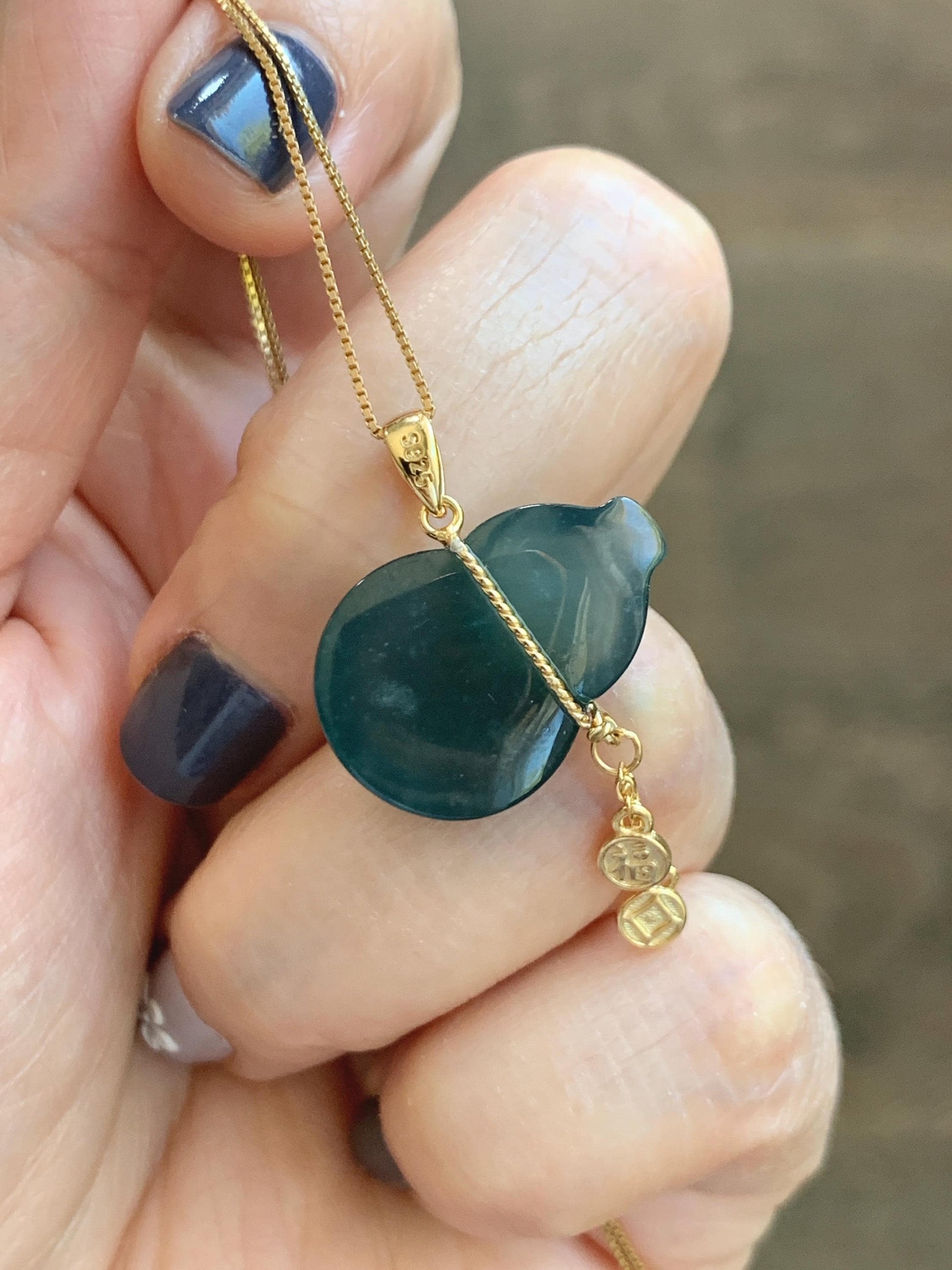 Natural Grade A Guatemalan Icy Highly Translucent Dark Teal Blue Jade Jadeite Gourd Hulu Pendant Sterling Silver 天然冰危深蓝绿翡翠葫芦吊坠 WHL100B