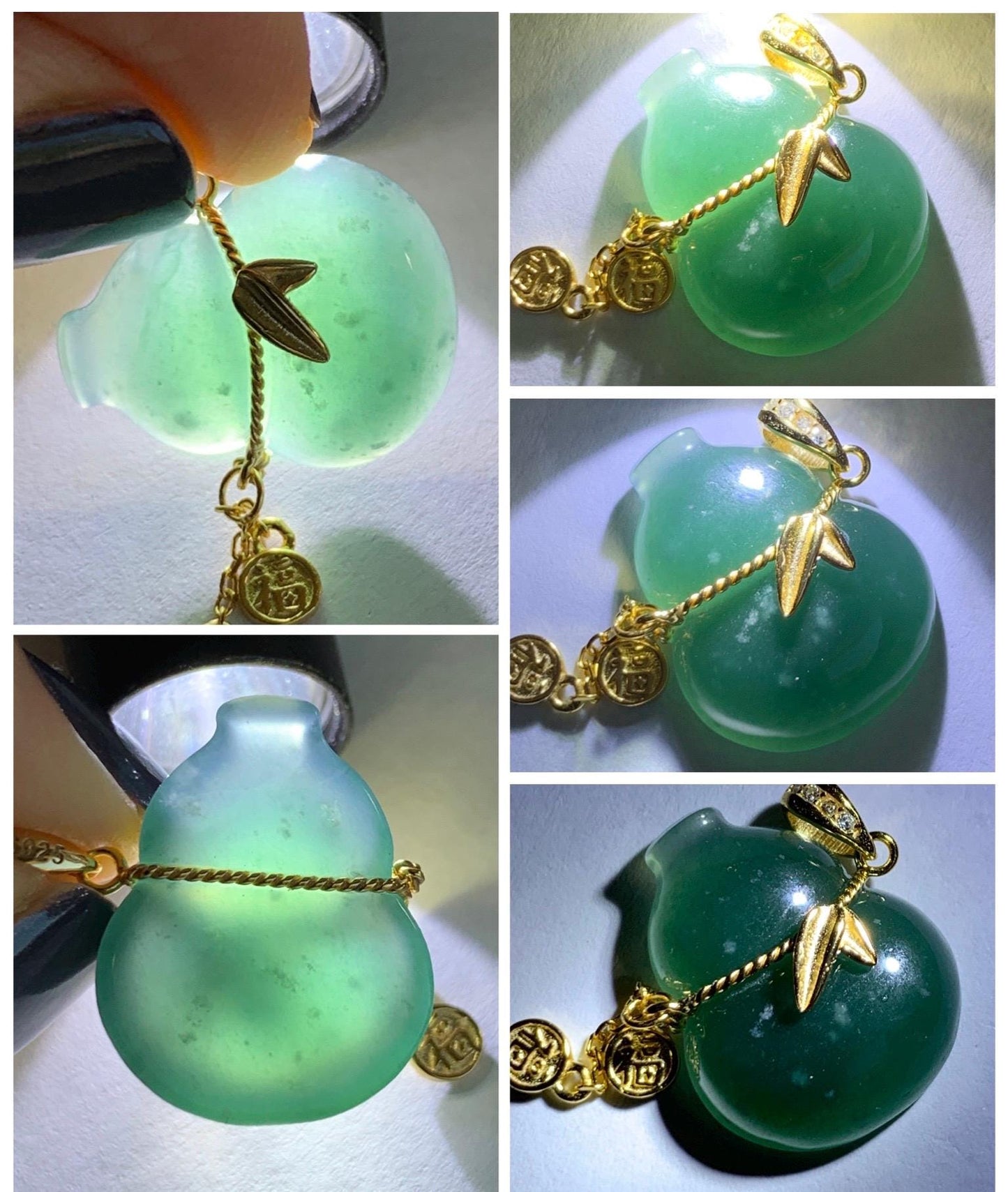 Natural Grade A Guatemalan Icy Highly Translucent Dark Teal Blue Jade Jadeite Gourd Hulu Pendant Sterling Silver 天然冰危深蓝绿翡翠葫芦吊坠 WHL100C